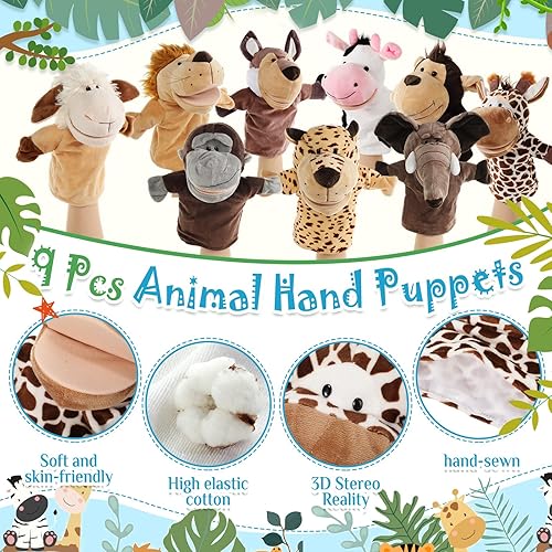 Miniatura 5 de Poen 9 marionetas de mano de animales de 10 pulgadas, marionetas de mano de felpa suave con bocas abiertas movibles, marionetas de animales para