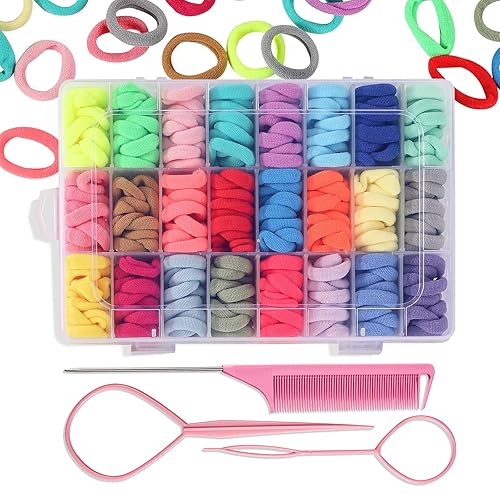 Miniatura 8 de 288 ligas para el pelo de bebé, 24 colores pequeños soportes para cola de caballo con herramientas de peinado, pequeños lazos de algodón sin