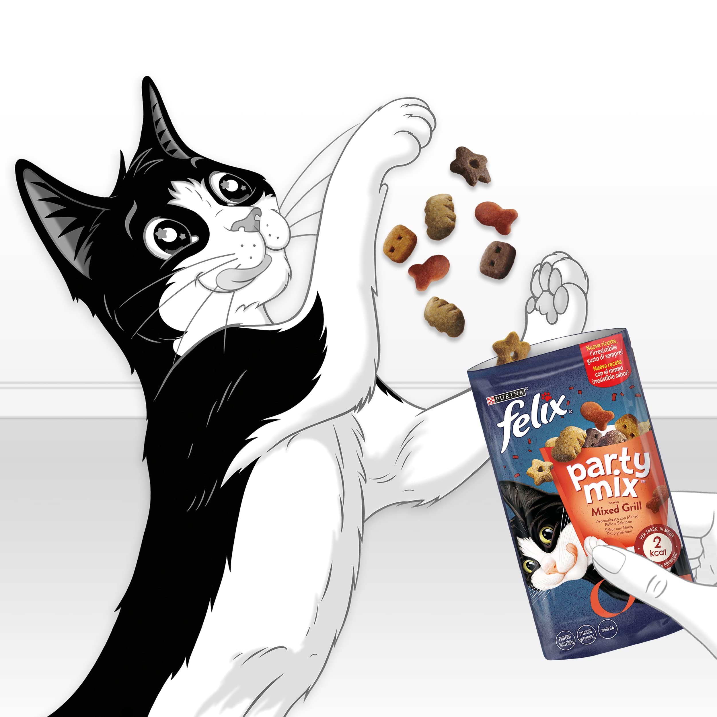 Felix Purina Party Mix Snack Cat Mixed Grill with Beef, Chicken and Salmon, 8 Packs of 60 g