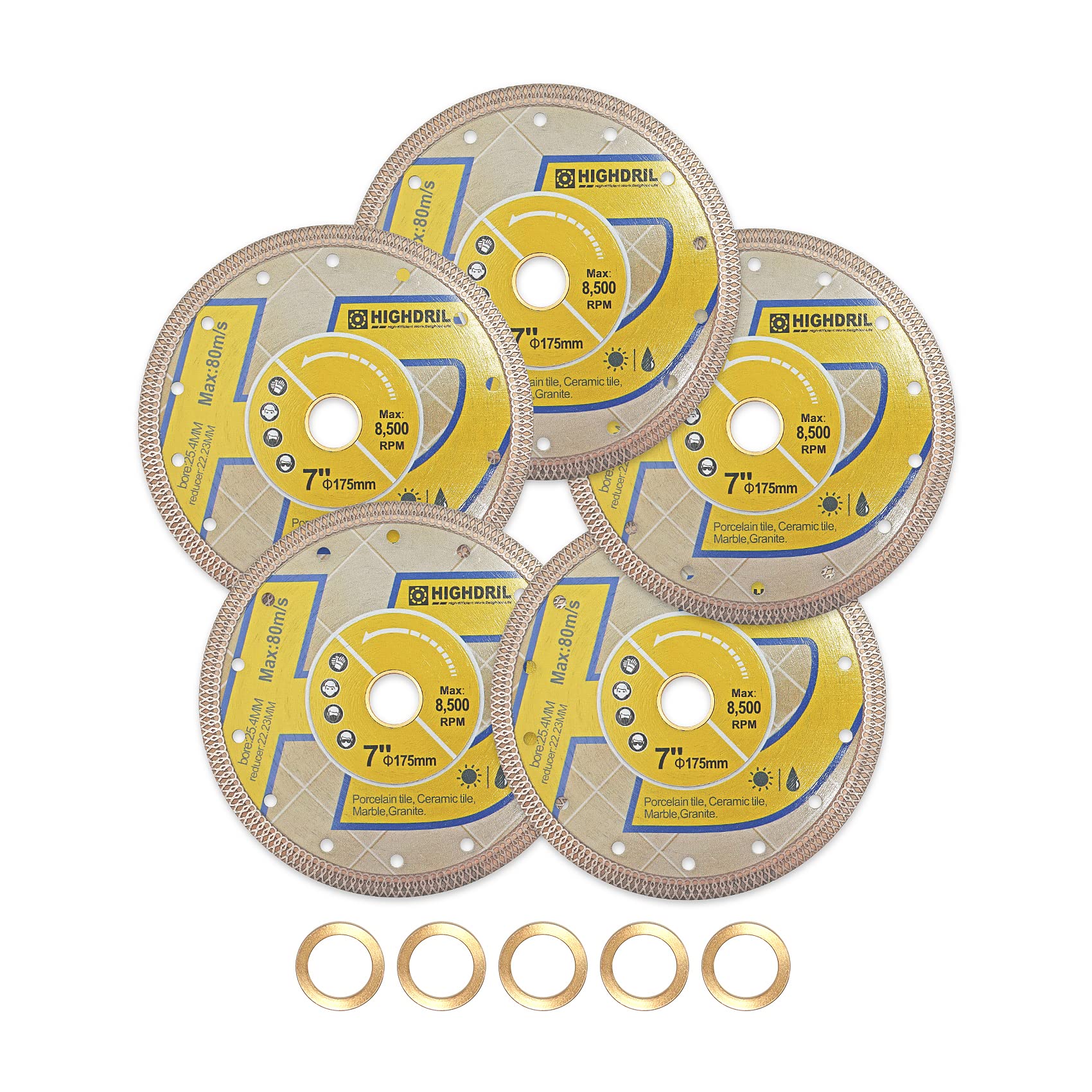 HIGHDRIL Disco de Diamante, 5pcs 175mm Turbo Disco de Corte con 22.23mm Arbor Seco o Húmedo para Porcelana Azulejos Cerámica Granito Mármol Material Duro,Albañilería Hormigón