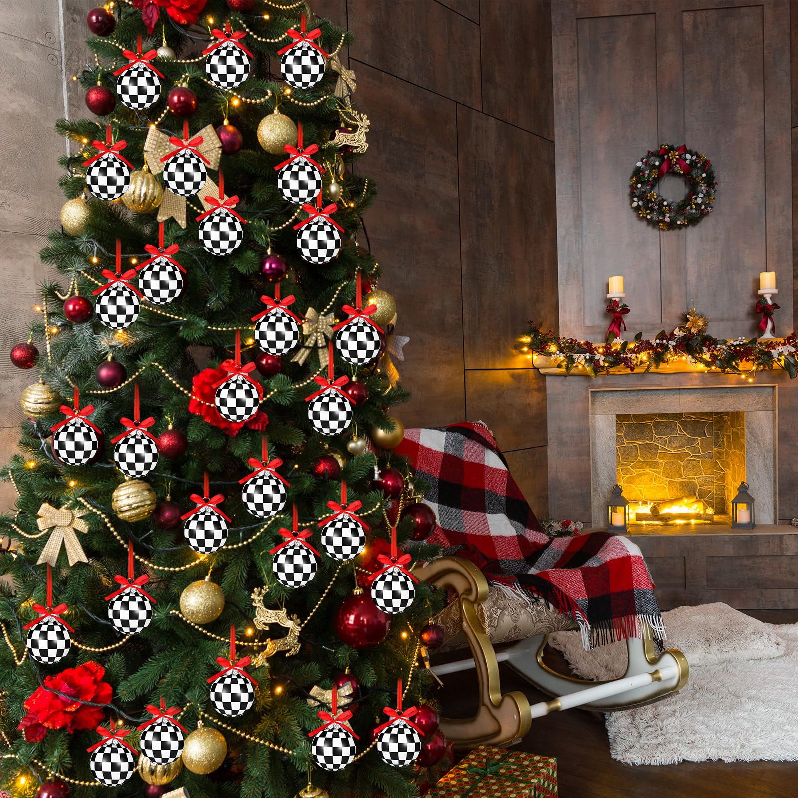 Lot de 12 boules de Noël en plastique à suspendre pour sapin de Noël - Motif à carreaux - 6 cm