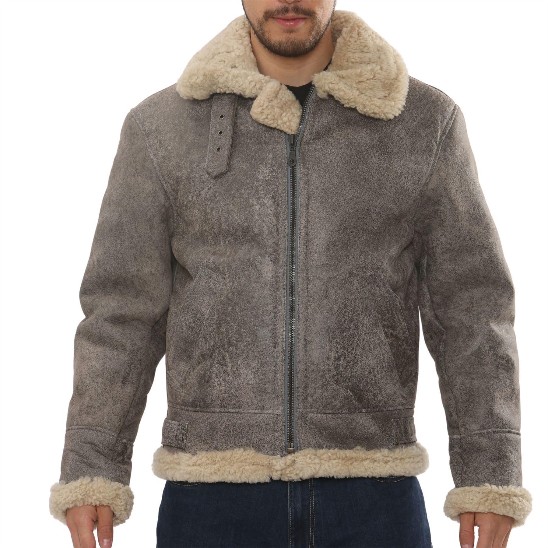 Truclothing Men's Grey Shearling Leather Bomber Real Sheepskin B3 Aviator Pilot Coat Winter Flying Jacket - 4XL
