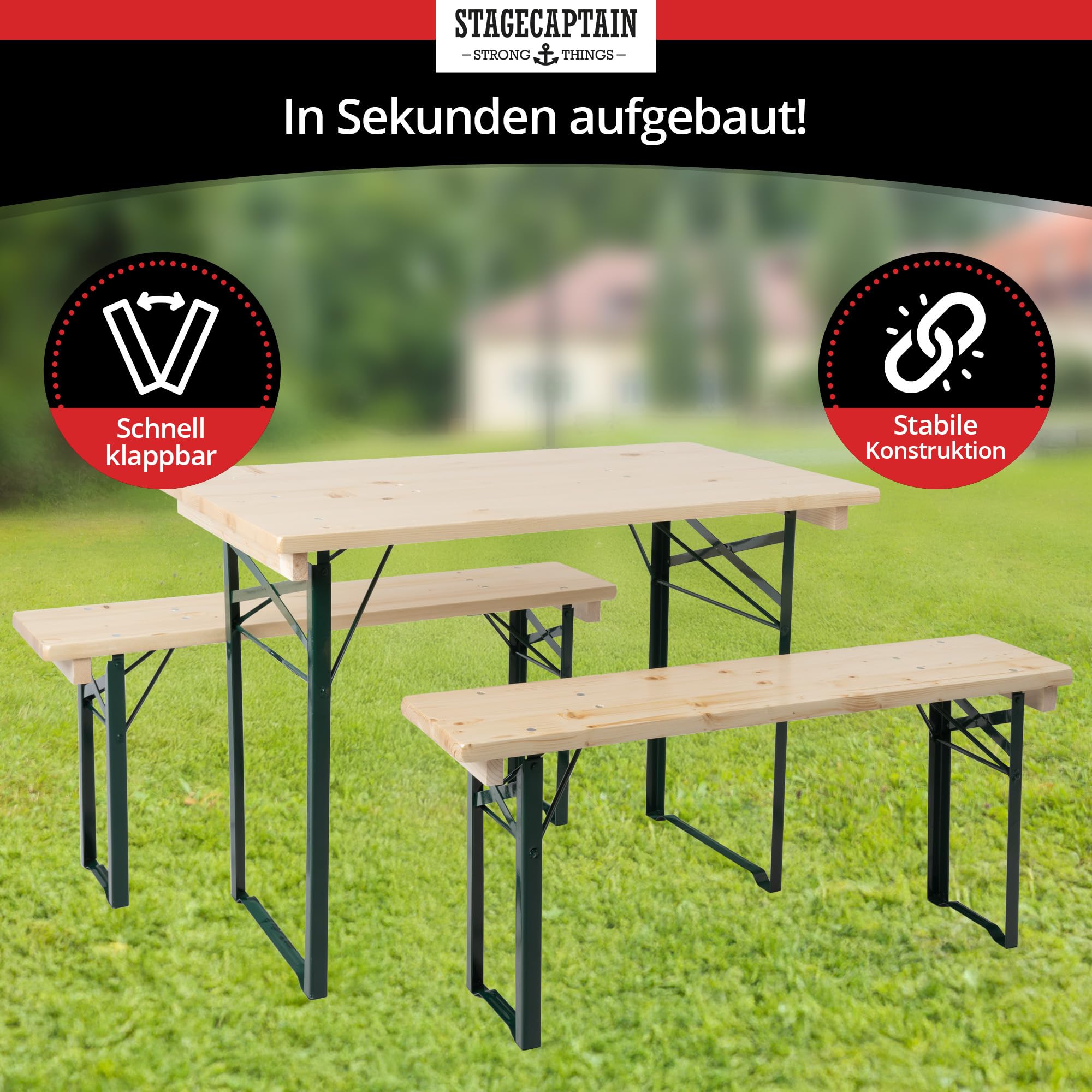 Stagecaptain BBEU-110NT zestaw do namiotu piwnego na balkon – wersja krótka o długości 110 cm – składany zestaw do namiotu biesiadnego, 2 x stół 4 x ławka – zestaw mebli do siedzenia z drewna – do