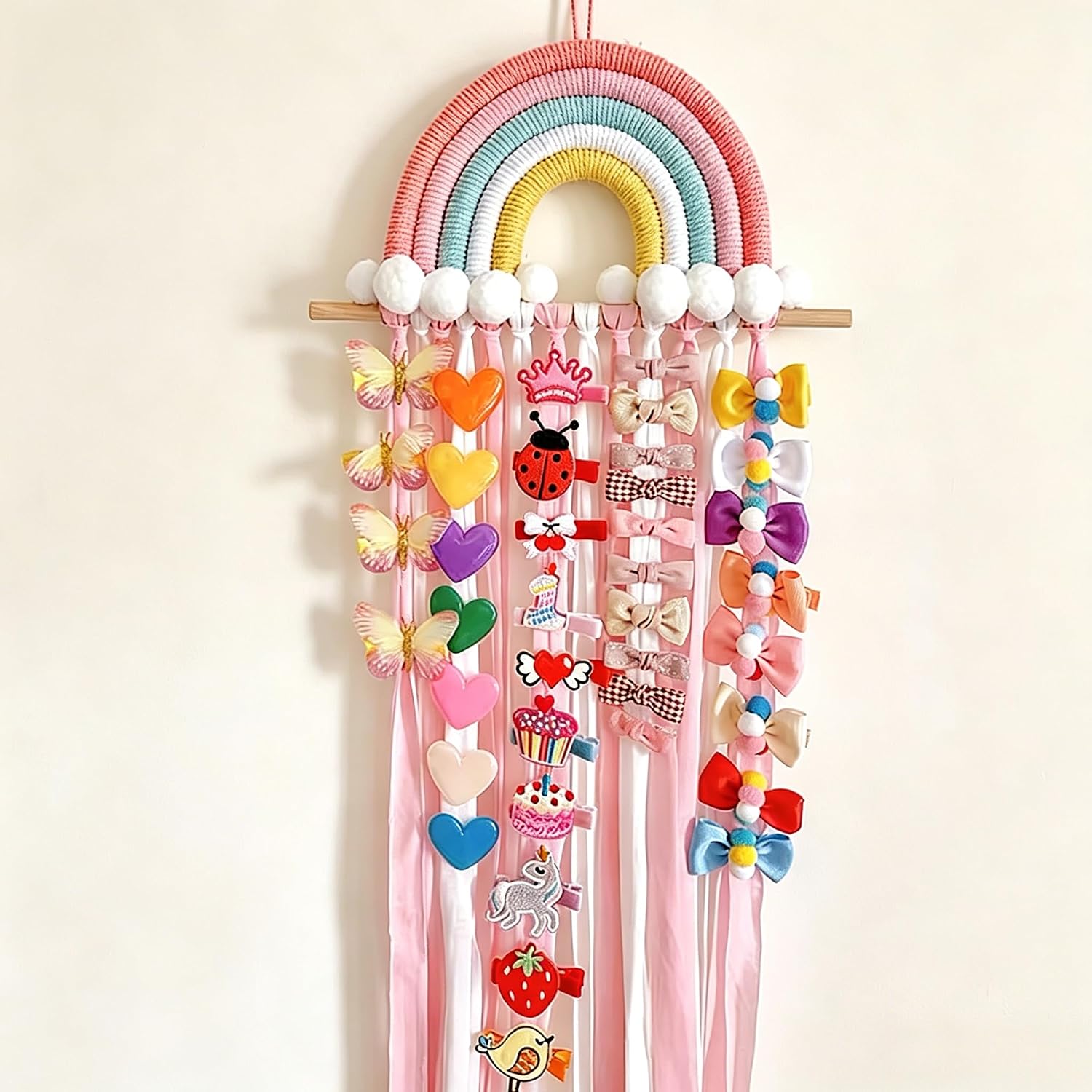 Rainbow Tassels Hair Bow Holder Hanging for Baby Girls, Hair Bow Organizer Headband Hair Accessories Organizer Storage Wall Hanging Decor for Toddler Girls Room