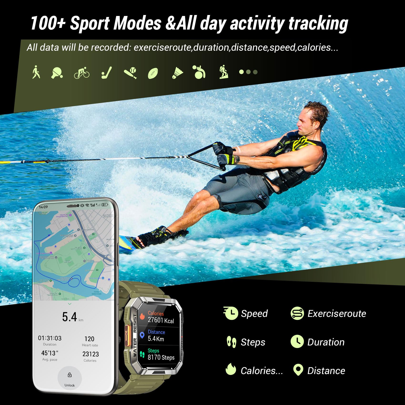IOWODO SmartWatch Uomo，2.01“ Militari Smart Watch con Torcia/900mAh Batteria/2 Cinturini/Bussola/SpO2/100 Sportive/Cardiofrequenzimetro/Sonno,Orologio Fitness Tracker per iOS/Andriod
