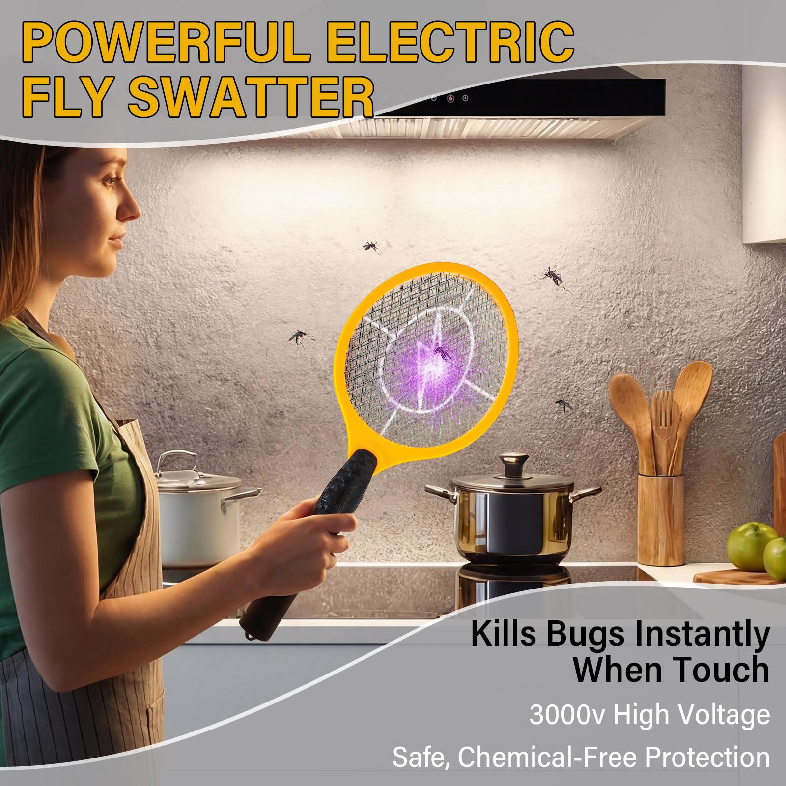 Paquete de 12 matamoscas eléctrico a granel, raquetas matamoscas para interiores y exteriores, raqueta de mosquitos con malla protectora, funciona con pilas AA, no incluidas (amarillo)