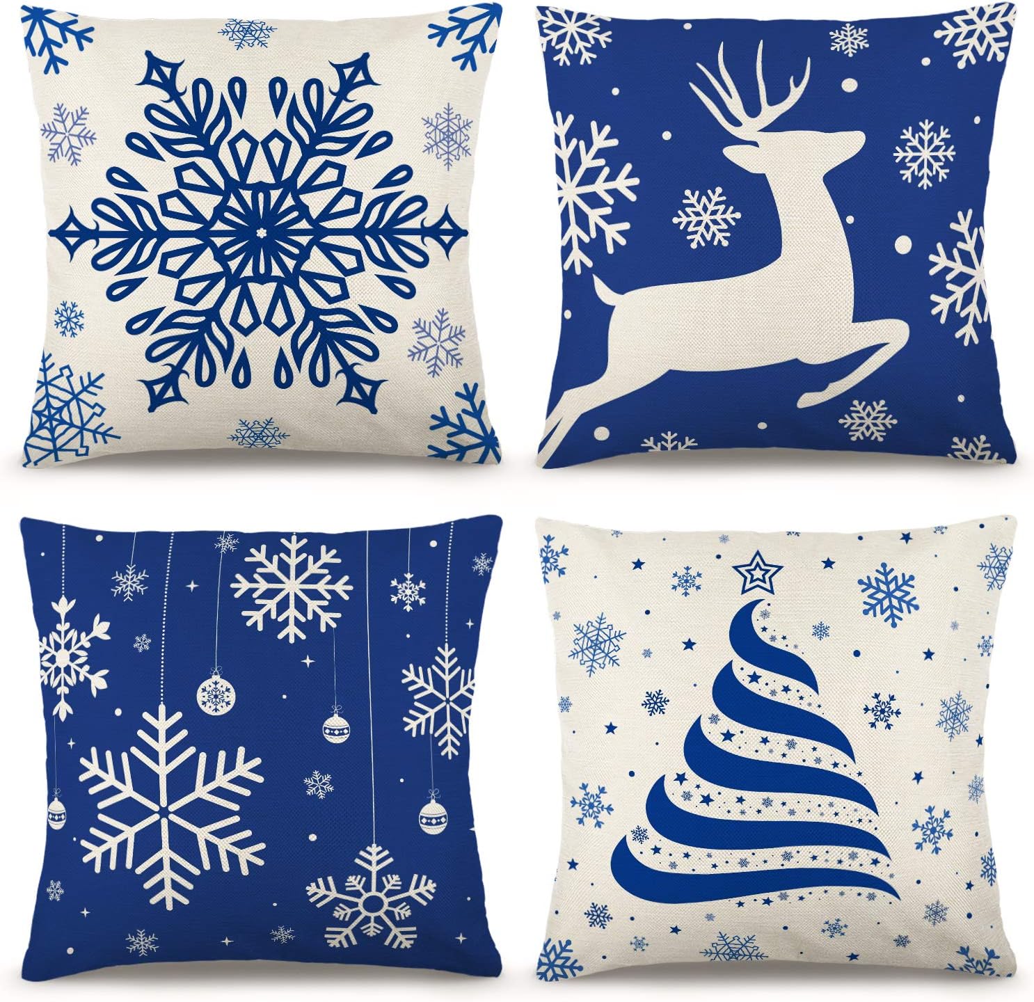 YGEOMER Christmas Blue Pillow Covers 18×18 Inch Set of 4 Farmhouse Pillow Covers Holiday Rustic Linen Pillow Case for Sofa Couch Christmas Blue Decorations Throw Pillow Covers