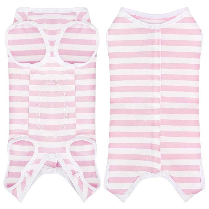 Roupa pós-cirúrgica para cães em algodão Paiaite, listrada rosa e branca, XS