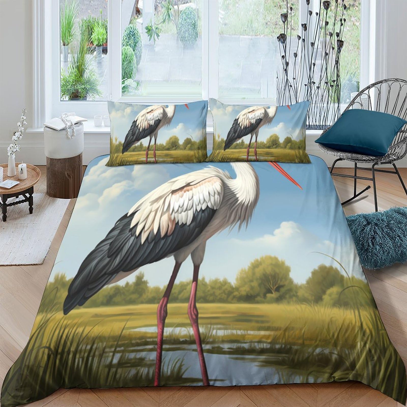 Ctjqhvkz Style-6 3D Printed Stork Lake Fitted Sheet Microfiber Green Nature Bed Cover For Bedroom Guest Room Easy Care Single（135X200cm）