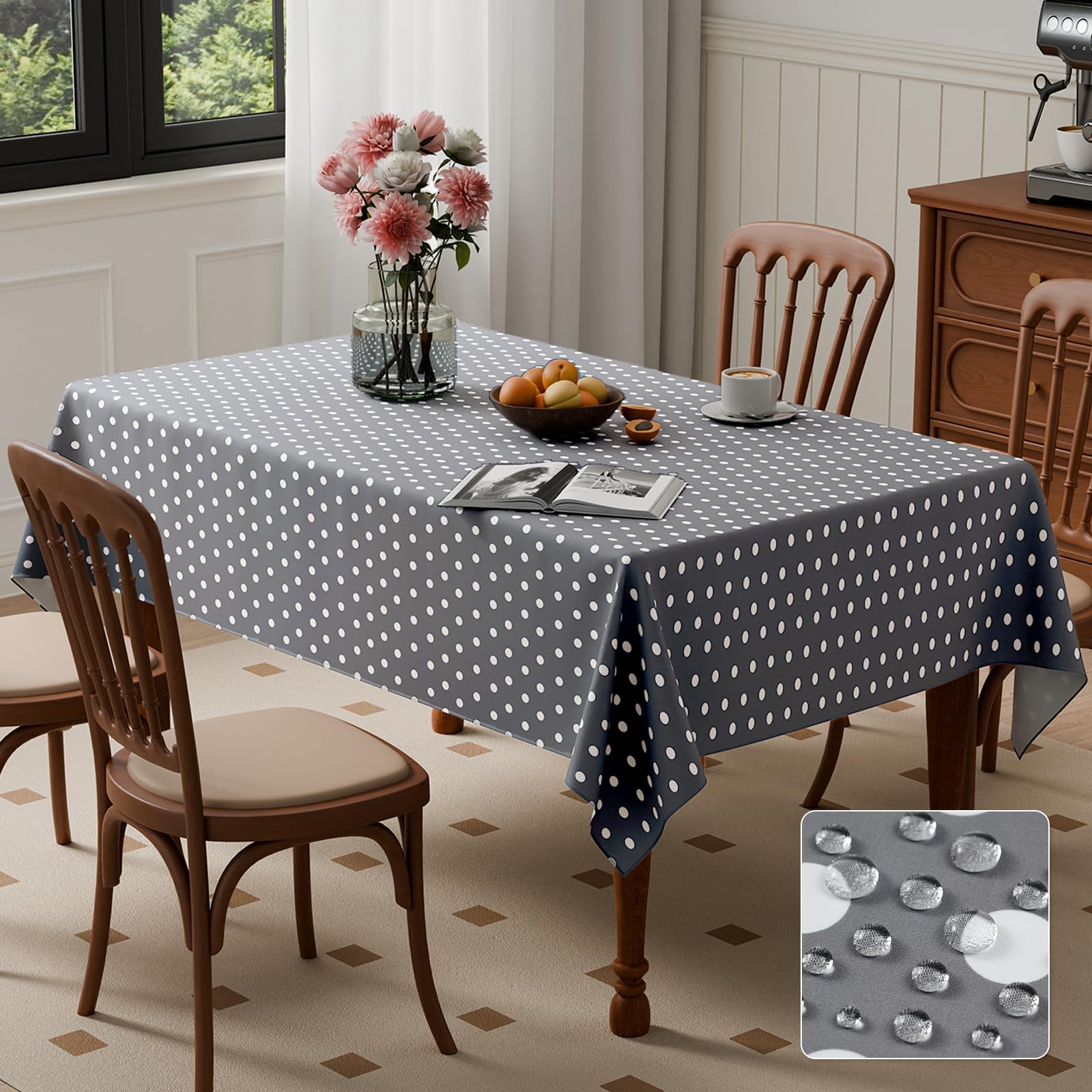 Kmhesvi Rectangular Wipe Clean Tablecloth Table Cover 200cm x 140cm Wipeable Water Resistant Polyester Tablecloth, 78.7x55.1 Inch Polka Dot Grey White