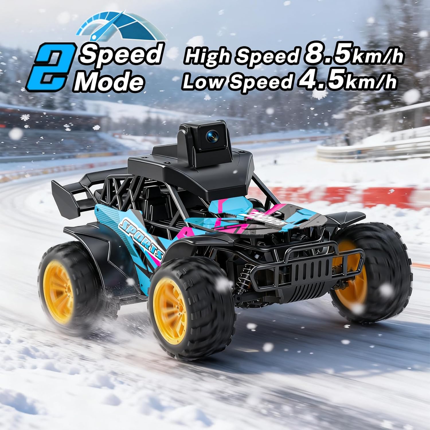 RC truck demonstrating two speed modes: 8.5 km/h high speed and 4.5 km/h low speed
