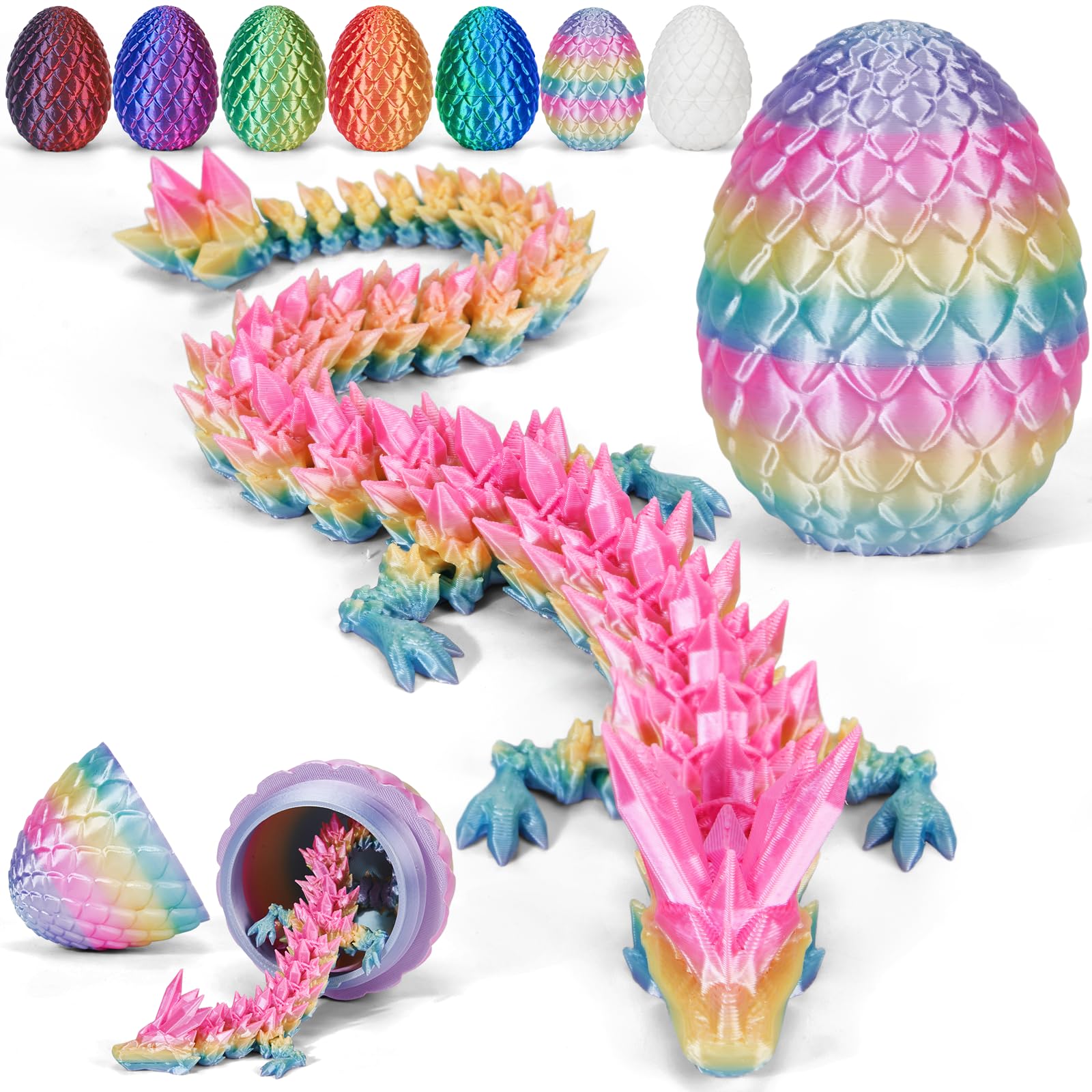 Merrwon 3D Printed Dragon Egg with Dragon (28.5cm) Inside, 3D Printed Articulated Crystal Animals Easter Toys & Decor, Unique Easter Gift for Kids, Teens, Adults, Collectors, Rainbow Color — image 1