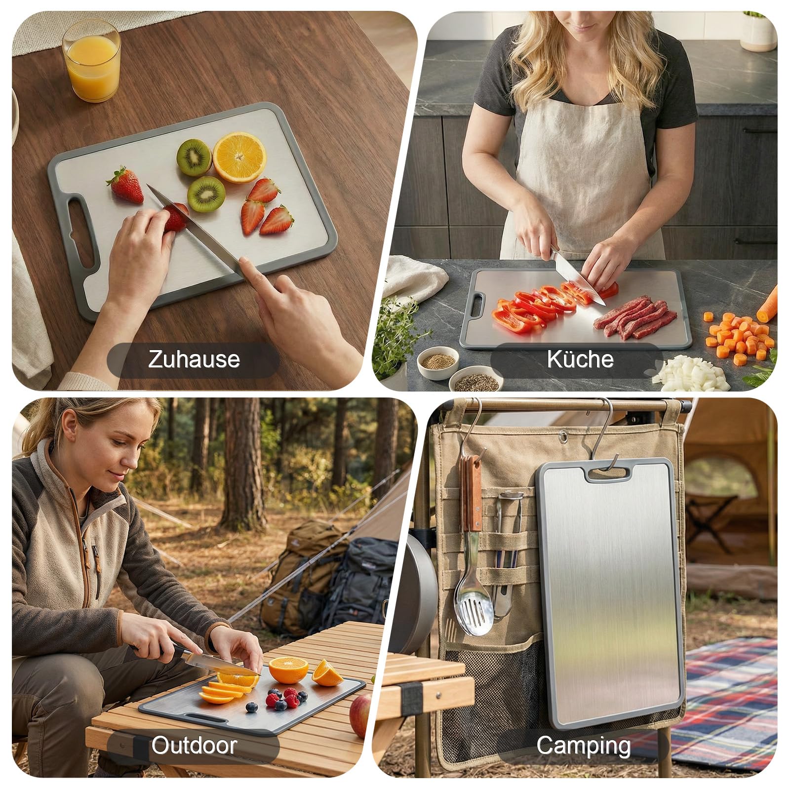 3 Stück Schneidebrett Titan Set, Schneidebrett Edelstahl mit Rutschfesten | Silikonecken Doppelseitiges & BPA Frei, Stainless Steel Cutting Board für Gemüse Fleisch Obst Brot Fisch Käse