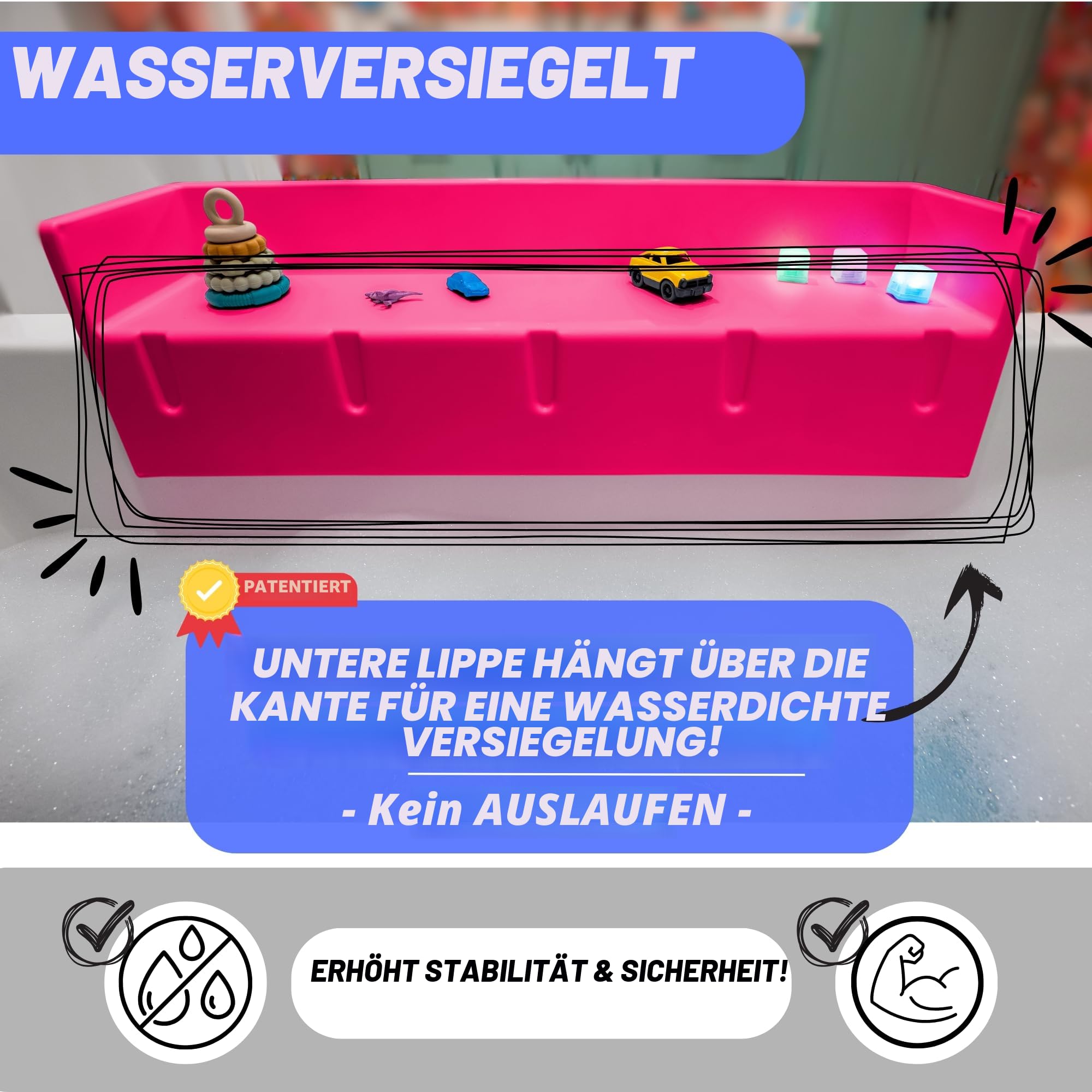 Tub Topper® Badewannen-Spritzschutz, Spielregal – Spielzeug-Tablett-Halterung – Saugnäpfe zur Befestigung an der Badewanne – kein Durcheinander von Wasser im Badezimmer – Spaß für Kleinkinder, Kinder,