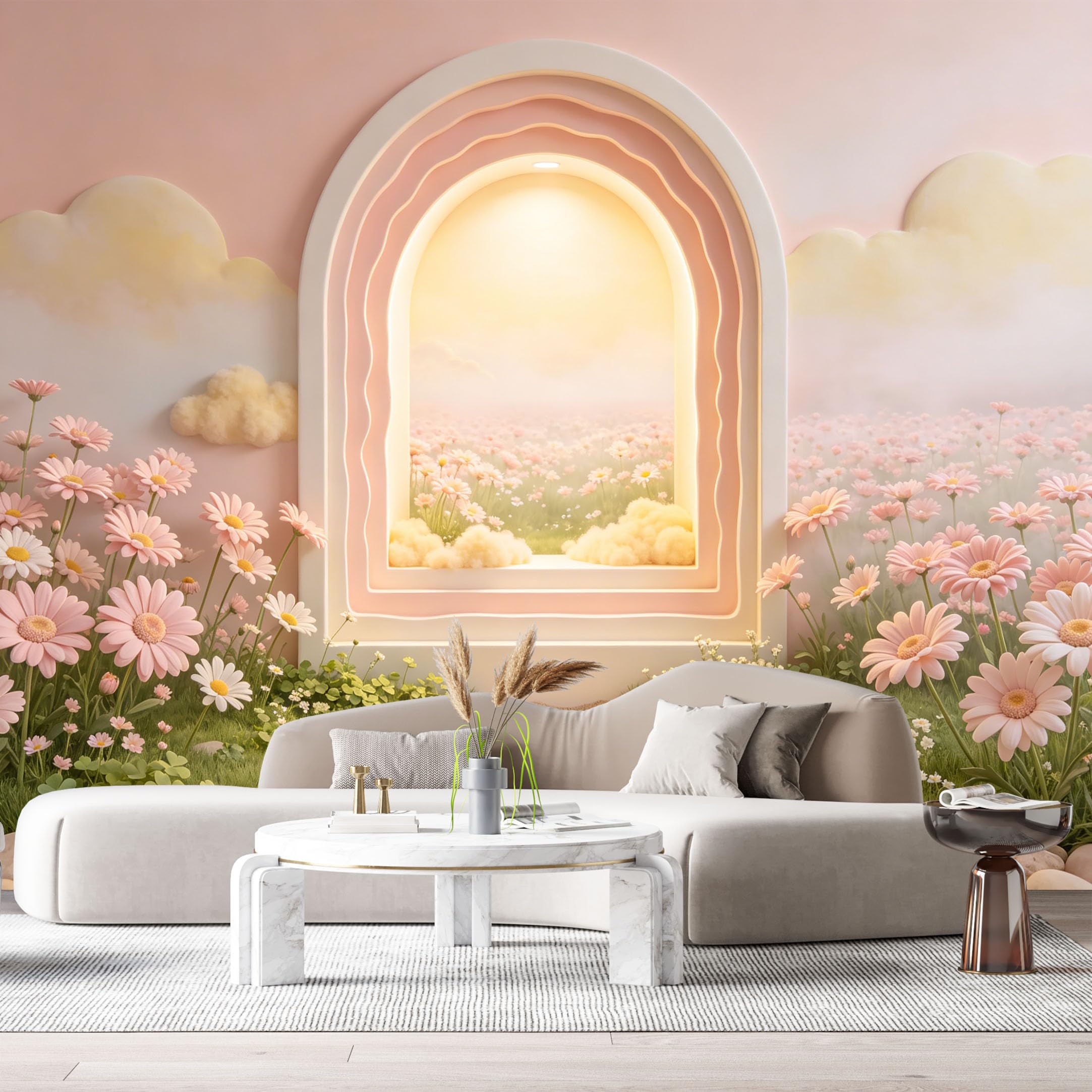 Custom Size Wall Murals Pink Floral Archway Sunset Field Botanical 3D Trompe L'Oeil SelfAdhesiveWall Fabric Removable Wallpaper Wall Decor for Living Room Bedroom Bathroom