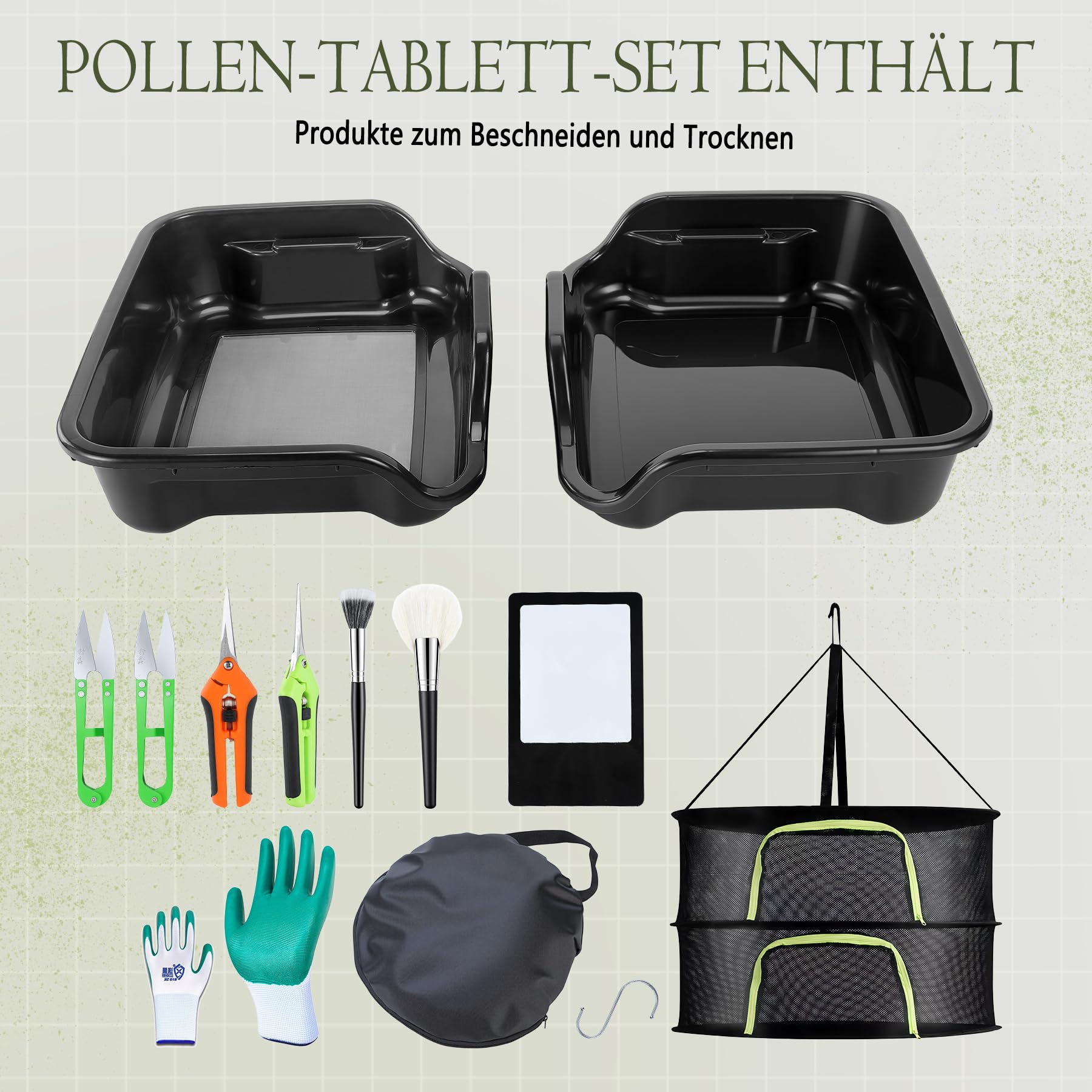 Trim Tray, Premium Trim Bin Set mit 150 Mikron Pollensieb, Ergonomische Trimm Schale, Enthält 4 Paar Scheren, 2 Antistatische Bürsten, Kartenlupe, 2 Stufiges Trockennetz, Gartenhandschuhe