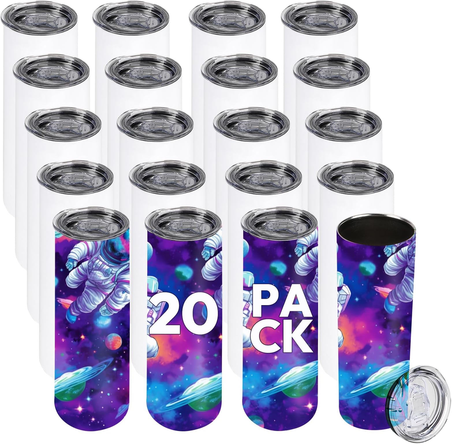 OFFNOVA20Pack Sublimation Tumblers Blank, 20oz Skinny Straight Tumbler Bulk for Heat Transfer, Double Wall Insulated Tumbler with Individually Boxes, Shrink Wrap, Cleaning Brush