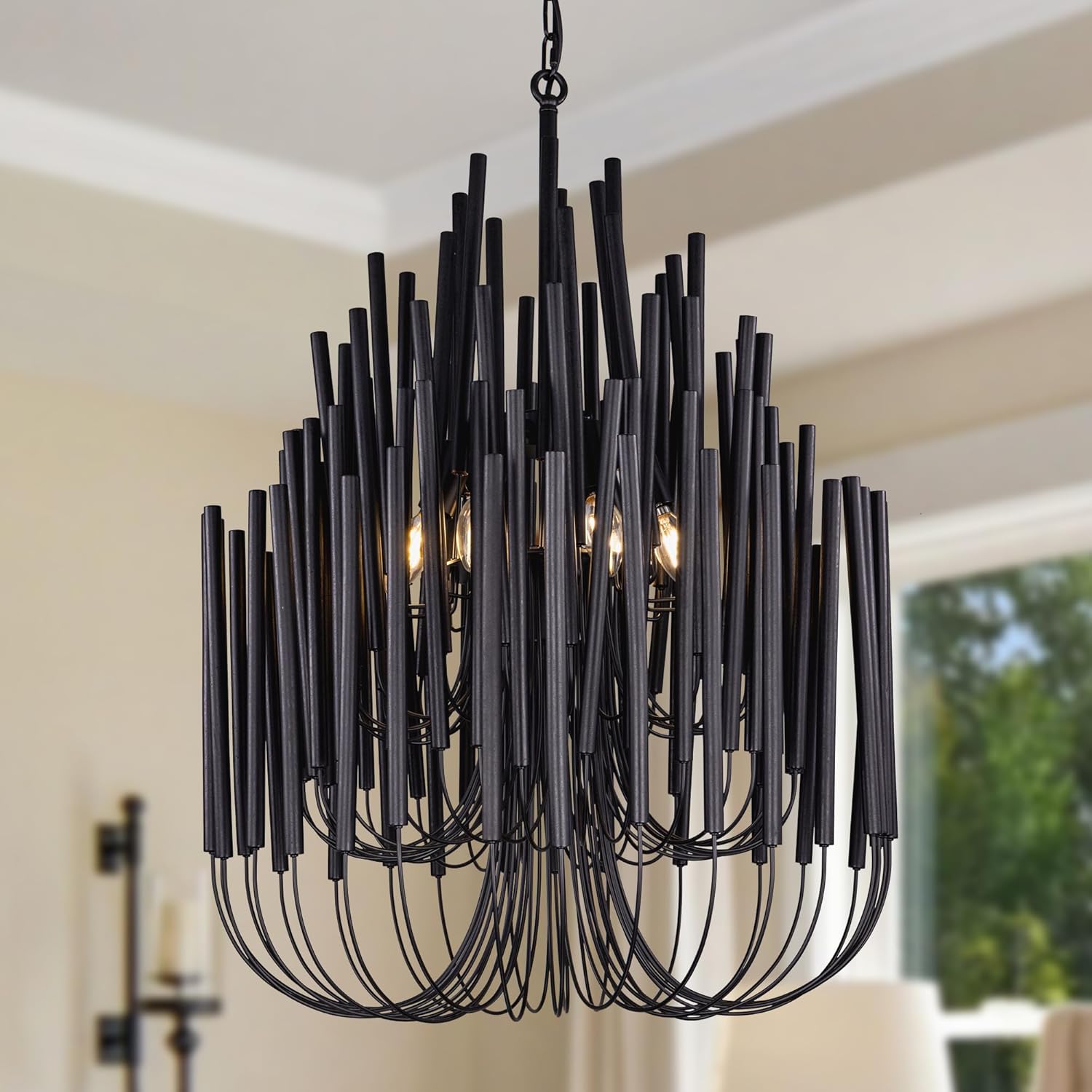 TOCHIC Modern Farmhouse Chandelier for Dining Room 21", Small Vintage Black Wood Chandeliers Light for Living Room, Rustic Pendant Lighting Fixture Ceiling Hanging for Foyer Bedroom Entryway