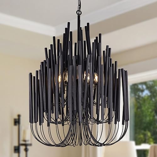 TOCHIC Modern Farmhouse Chandelier for Dining Room 21", Small Vintage Black Wood Chandeliers Light for Living Room, Rustic Pendant Lighting Fixture Ceiling Hanging for Foyer Bedroom Entryway