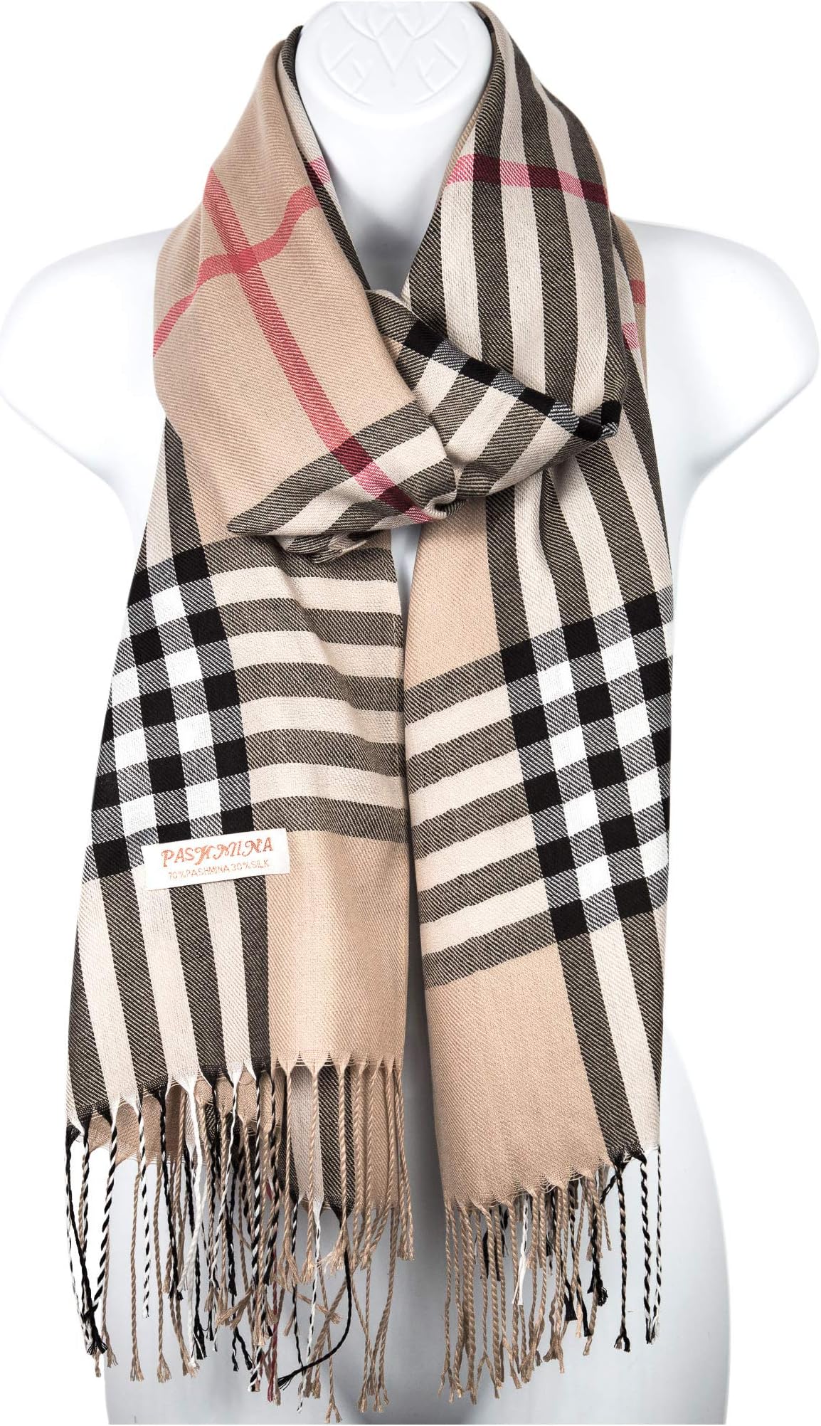 Pashmina Silk Scarf Plaid Checker Pattern Long Soft Shawl Wrap Cape (Beige)