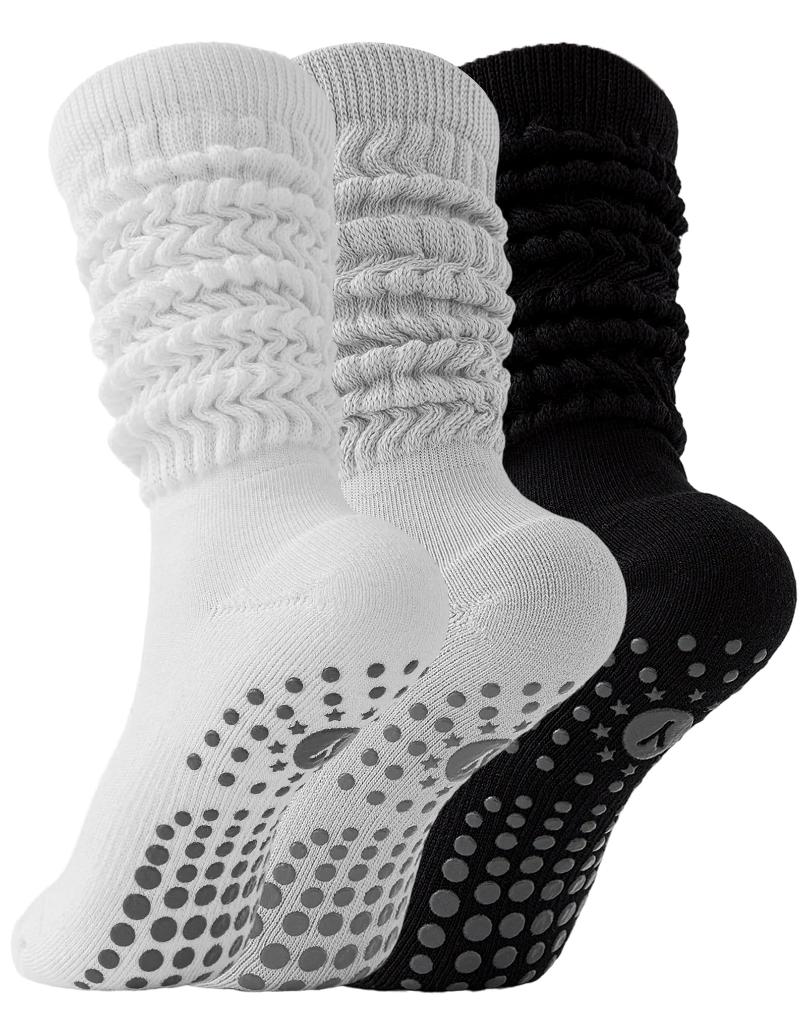 Yawlsow 1/3 Paar Pilates Grip Socken für Damen Yoga Rutschfeste Slouch Socken Baumwolle Kniestrümpfe Stulpen Extra lange Scrunch Kniehohe Stiefelsocken für Barre Workout Krankenhaus Zuhause
