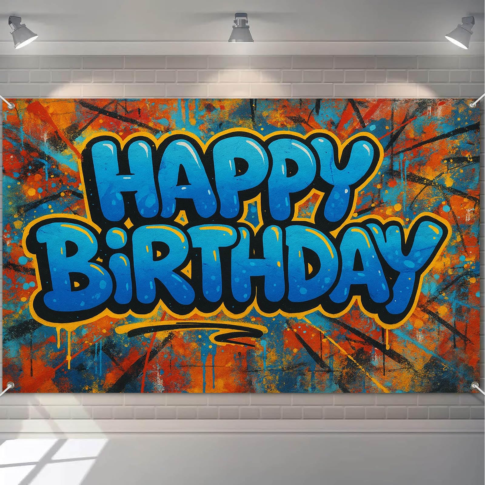 Bannière Happy Birthday graffiti bleu et orange pour décoration de fête d'anniversaire
