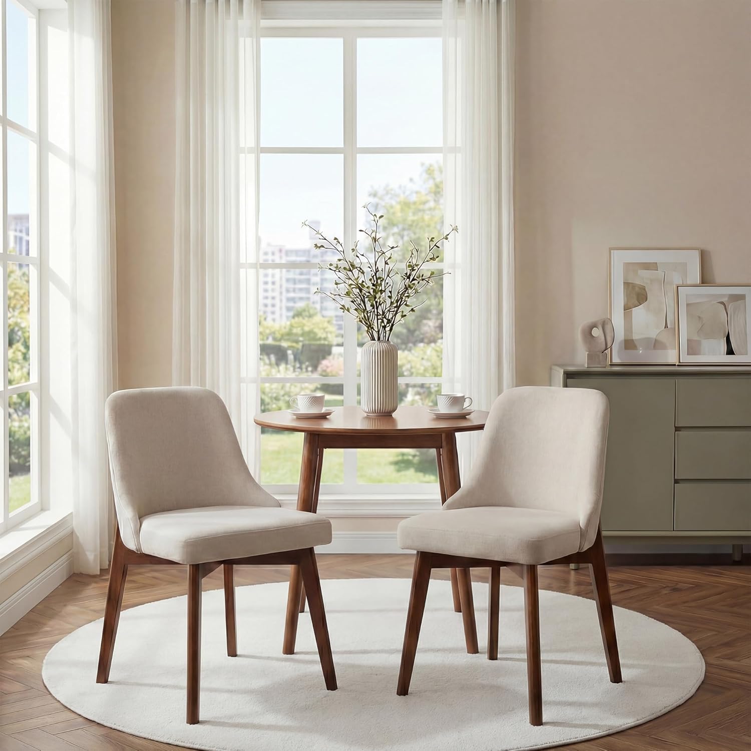 Casaphoria Dining Chairs Set of 2, Mid Century Modern Upholstered Kitchen Chairs with Solid Wood Legs, Ergonomic Accent Side Chair for Living Room, Desk, Bedroom and Vanity, Beige and Walnut
