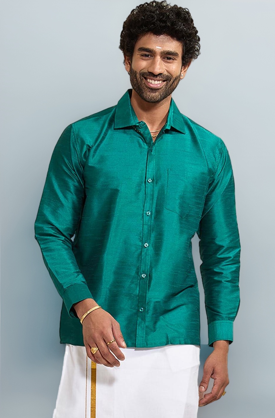 Vastramay Men's Silk Blend Ethnic Shirt | Full Sleeves South Indian Traditional Shirt | Festive, Wedding, Casual Wear
