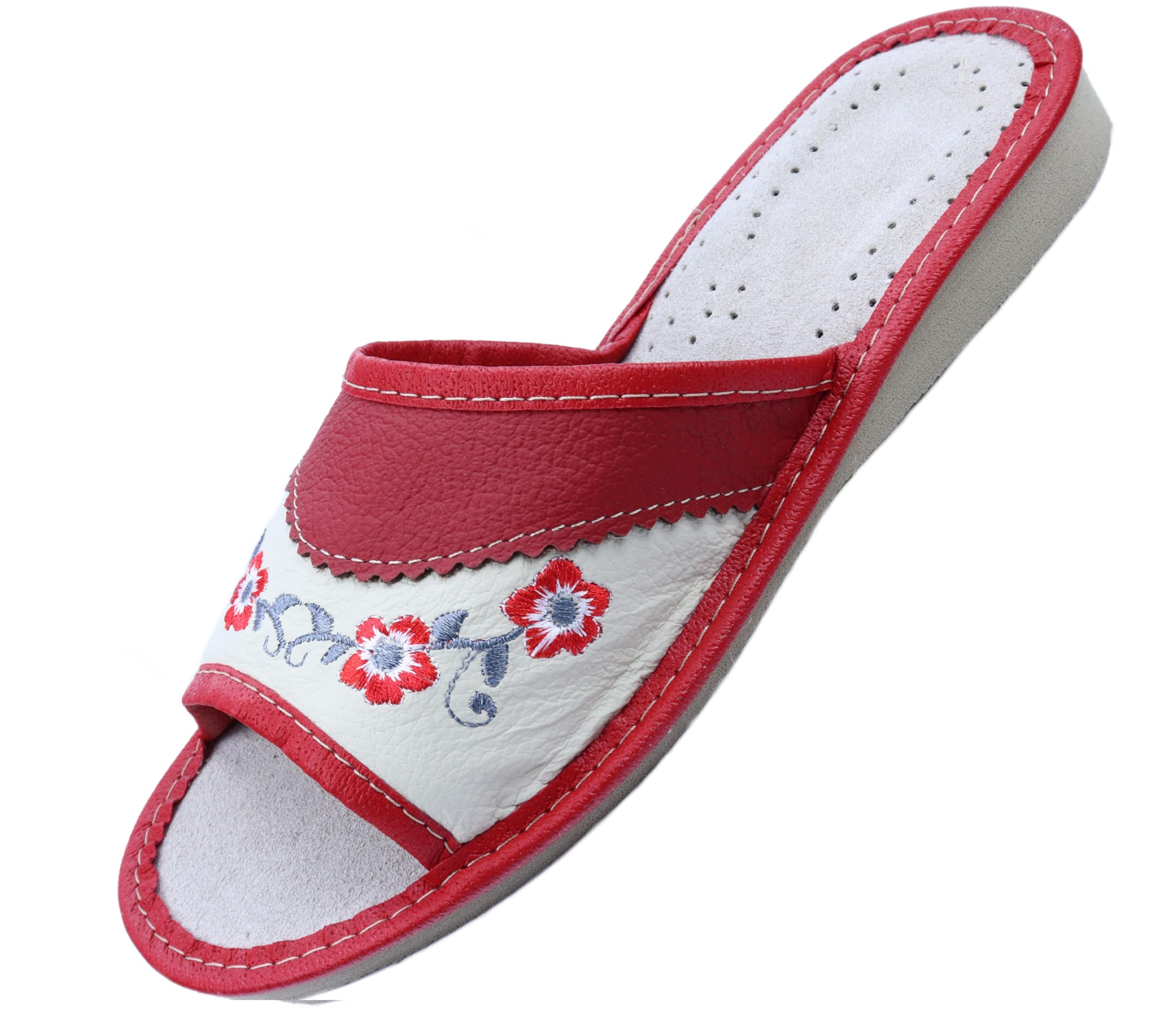 APREGGIO Damen Leder Hausschuhe 36-41 EU | Blumenmuster, Keilsohle, Gummisohle, Handgefertigt, offene Zehen