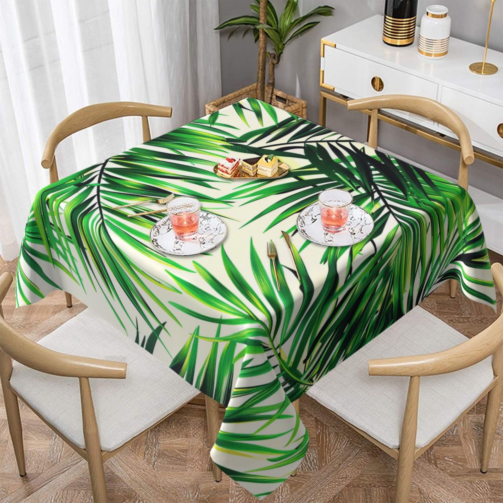 WPKJU Palm Tree Green Leaves Printed Square Tablecloth 60x60 inch Water Resistant Table Cover Washable Rectangle Table Cloth for Dining Tables