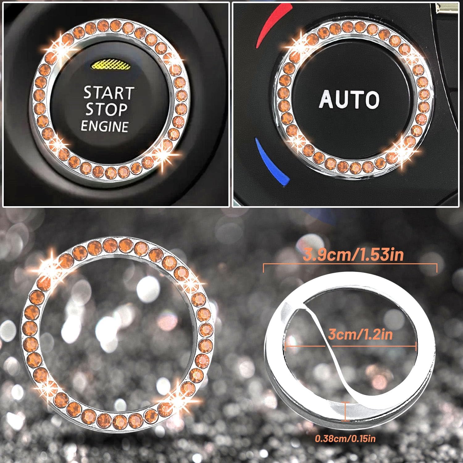 NBTEPEM 8 pcs Bling Car Accessories Set for Women, Steering Wheel Cover, Sparkly Seat Belt Covers, Bling Gear Shift Cover, Universal Fit Most Cars (Gold Champagne Diamond) - Image 6