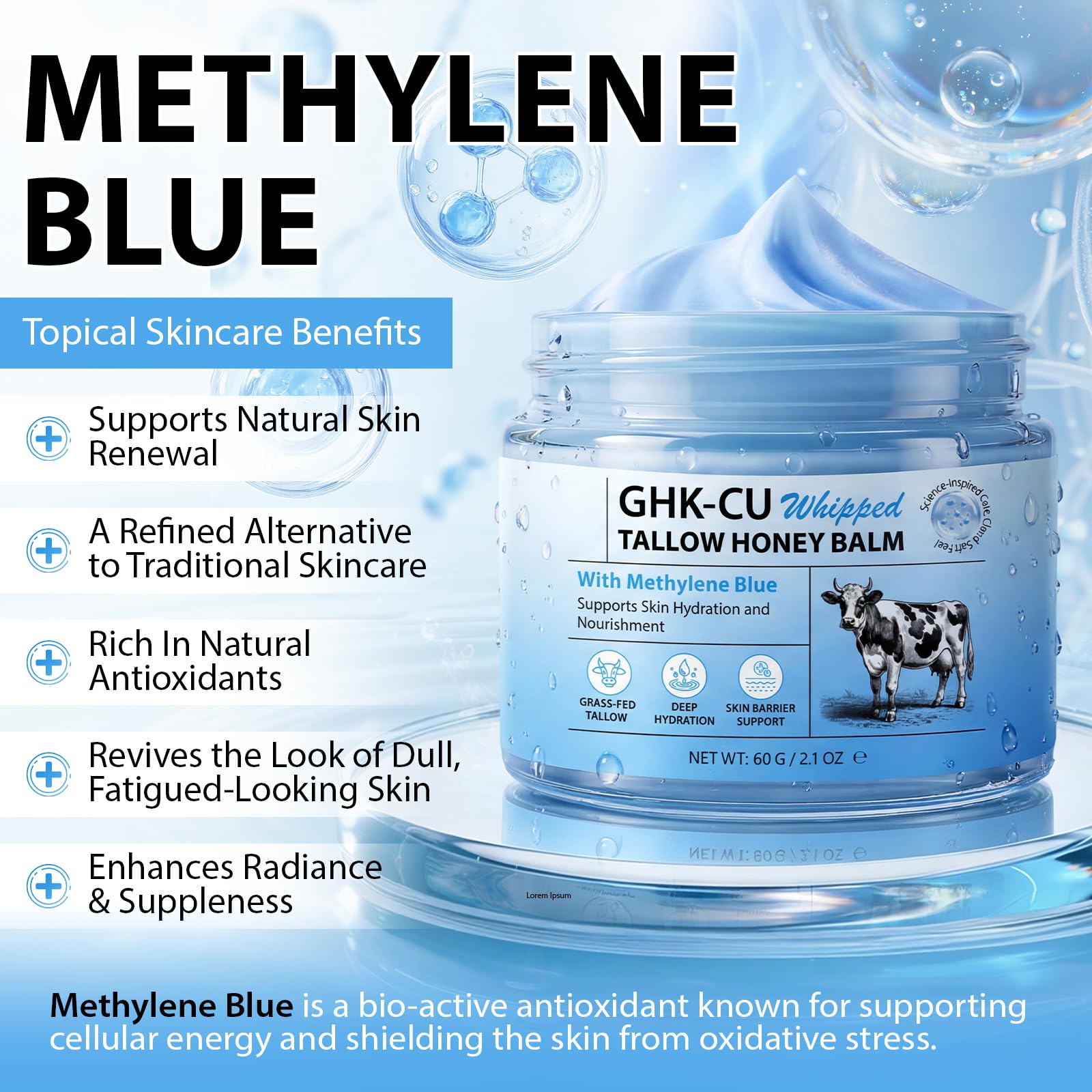 GHK-Cu Copper Peptide Cream, GHK-Cu Peptide Tallow Face Cream for Skin with Methylene Blue, Manuka Honey & Vitamin E, Anti Aging Face Moisturizer Lotion for Wrinkle Reduction, Collagen Boosting, 2.1oz
