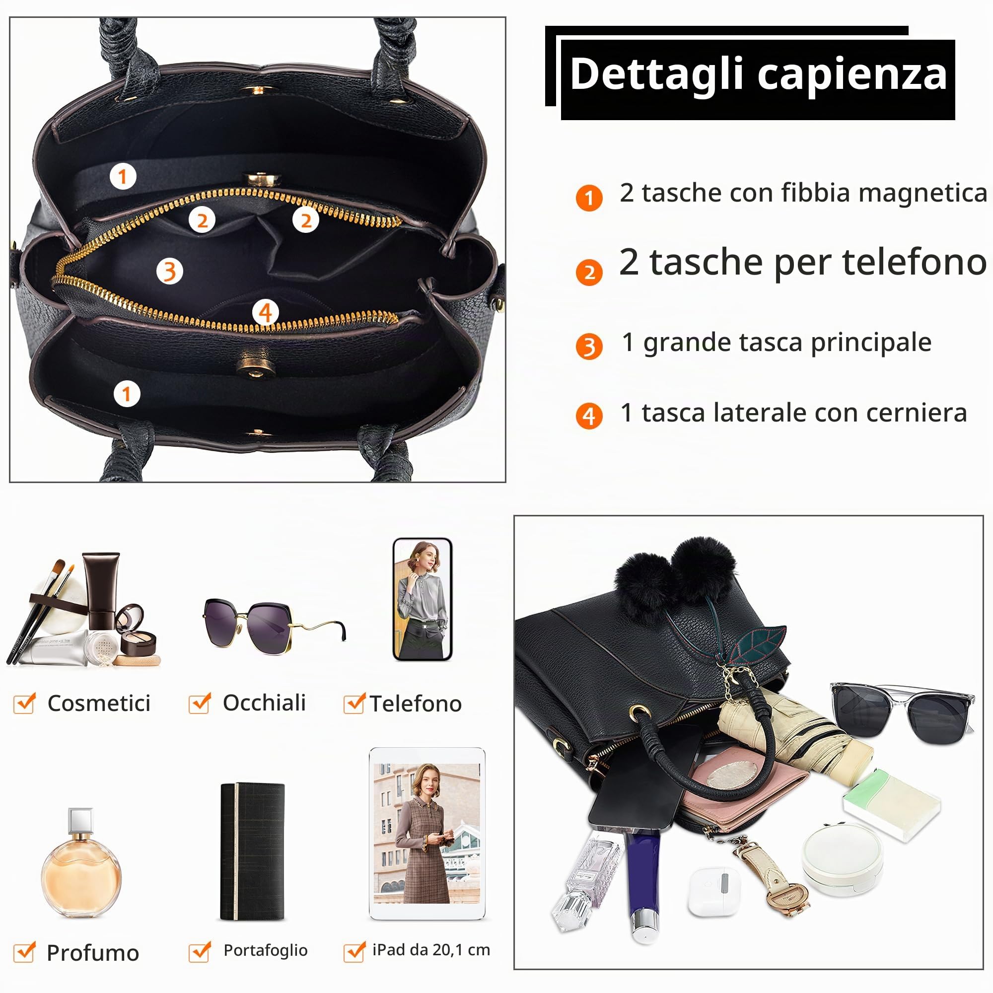 Donna Elegante Borsa a Mano con Pompon Pelle PU Borsa a Tracolla Tasche Multiple Signora per Shopping Viaggio e Lavoro Nero