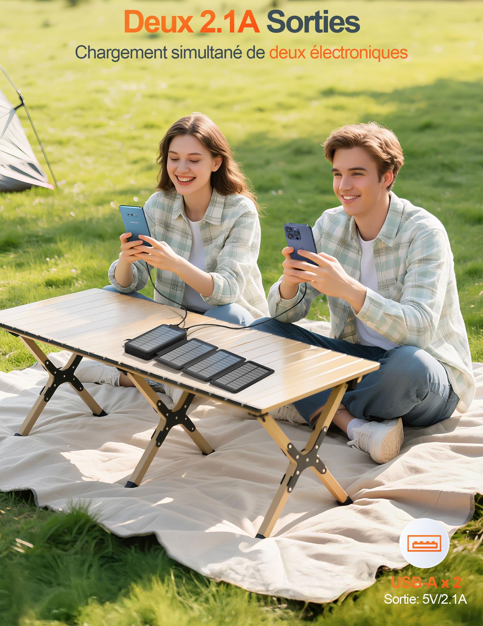 elzle Solaire Batterie Externe 26800mAh, 4 Panneau, Camping Extérieur | Imperméable, 4 Mode Lampe de Poche, 5V/2.1A, 5V/3.1A Sortie, 2 USB-A, 1 USB-C, 5W Solaire Entrée, pour Téléphones Tablettes