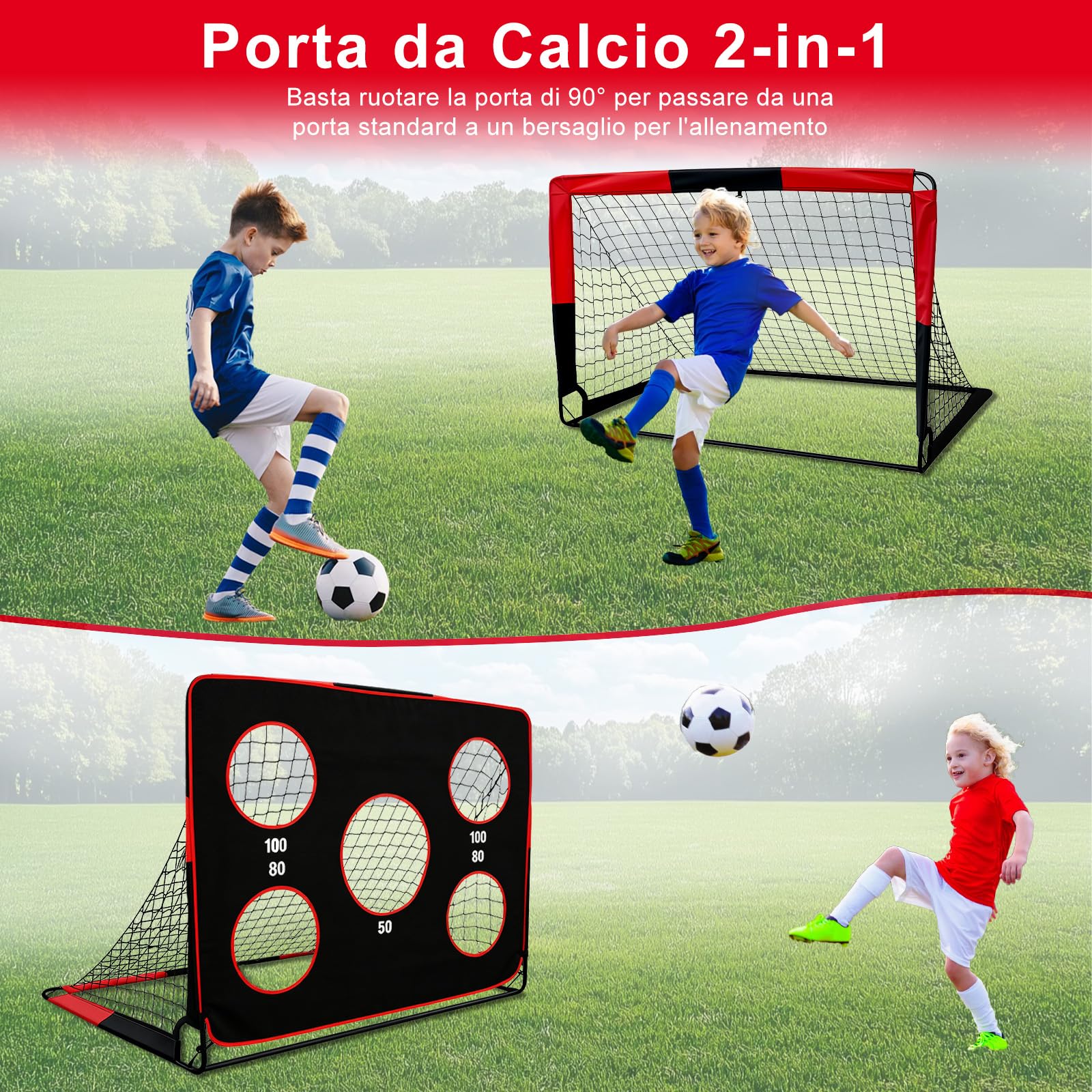 Porta da calcio pieghevole 2 in 1 per bambini con borsa trasporto