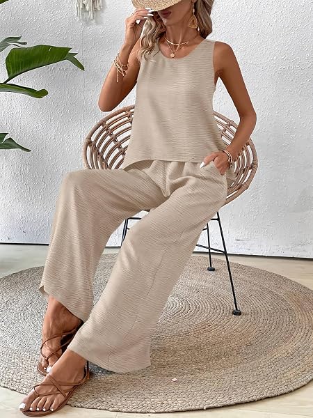Conjunto de 2 piezas para mujer, camiseta sin mangas y pantalones de pierna ancha, pantalones palazzo de cintura alta - 3