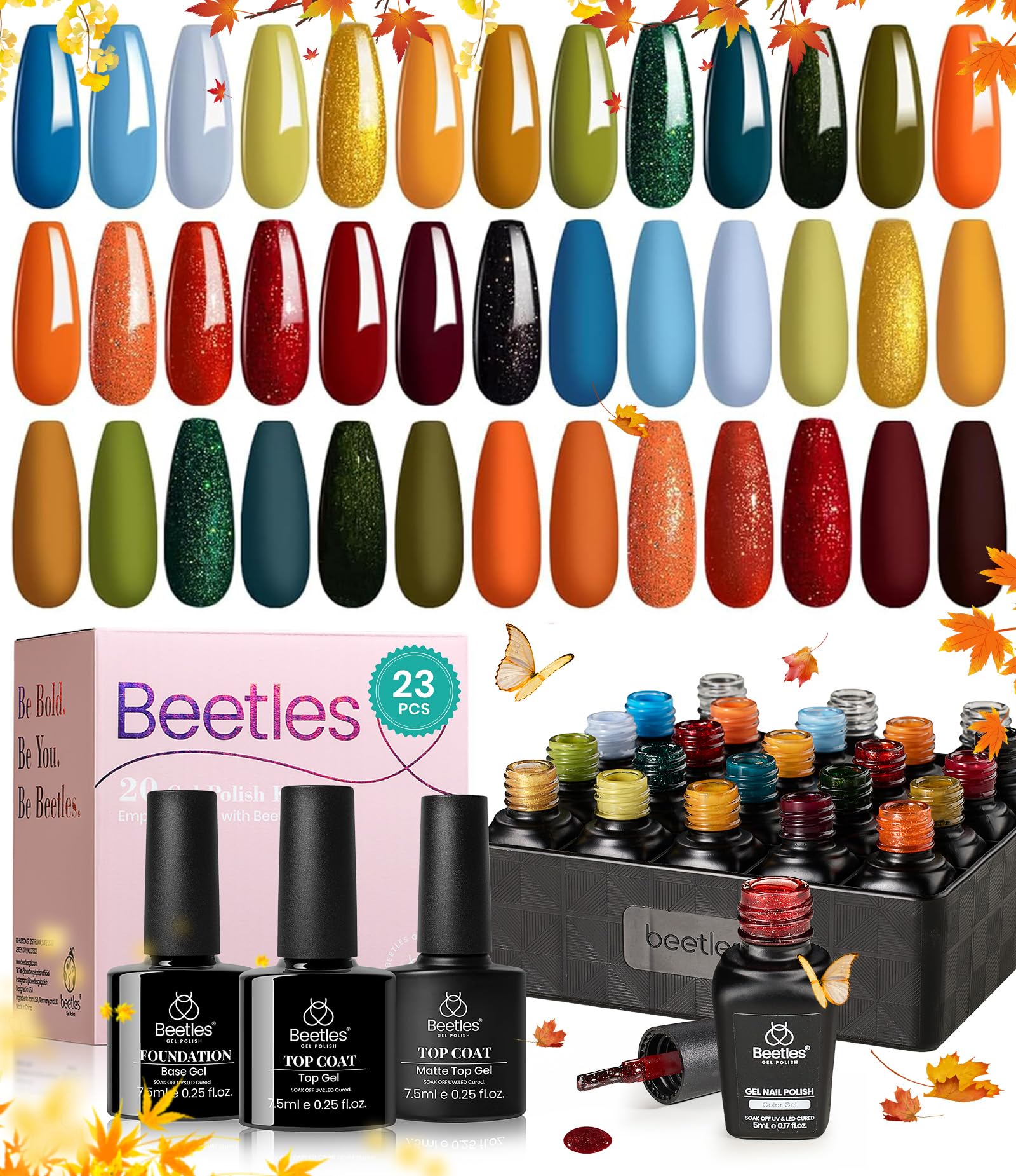 Beetles Fall Gel Nail Polish Set - 20 Colors Yellow Orange Burgundy Red Brown Black Green Gel Nail Polish Kit with Glossy Matte Gel Top Base Coat Soak Off Uv Manicure Gift for Women