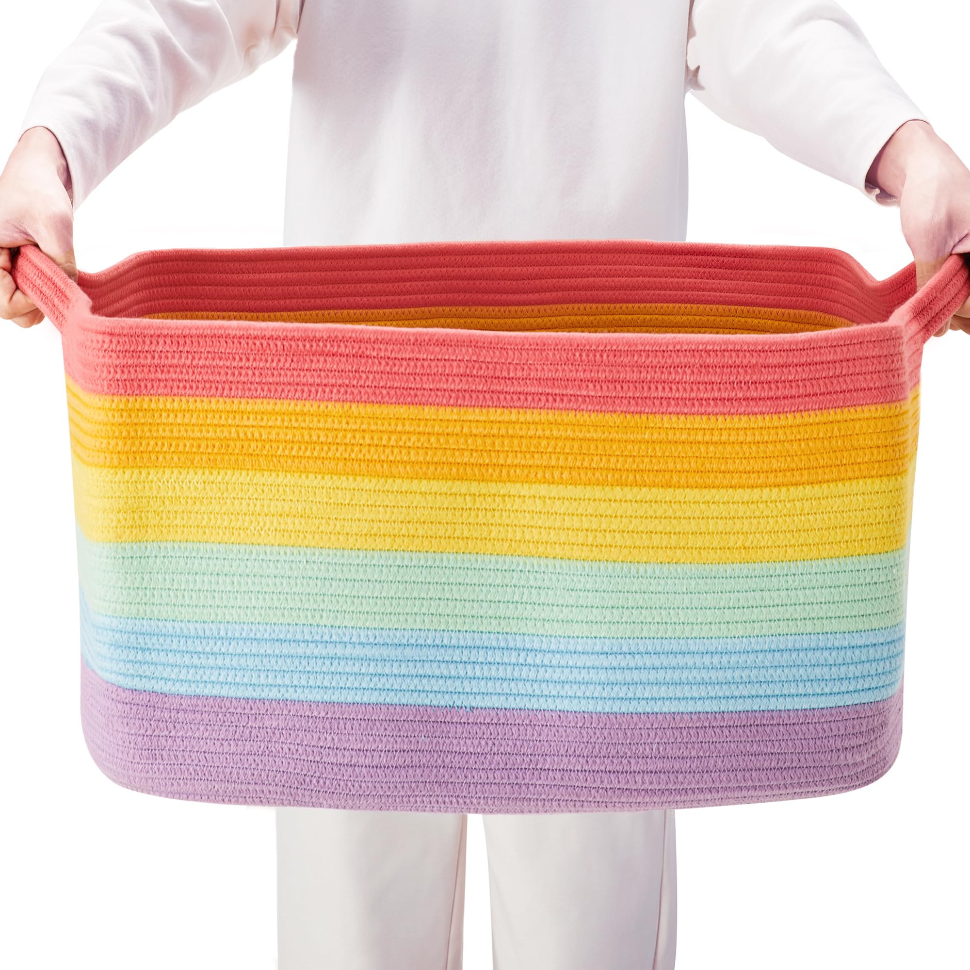 ENAORGAN 75L Extra Large Rainbow Cotton Rope Storage Basket for Blanket Toy Box for Girls Woven Rectangle Basket for Baby Kids Nursery Clothes Laundry
