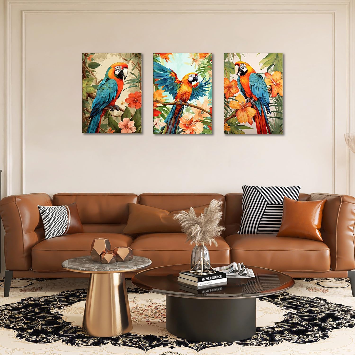 GLOKAKA Set of 3 Parrot Wall Art Colorful Parrot on Branch with Tropical Leaves Painting Pictures Wall Decor Colorful Birds Artwork for Living Room Bedroom Bathroom Decor