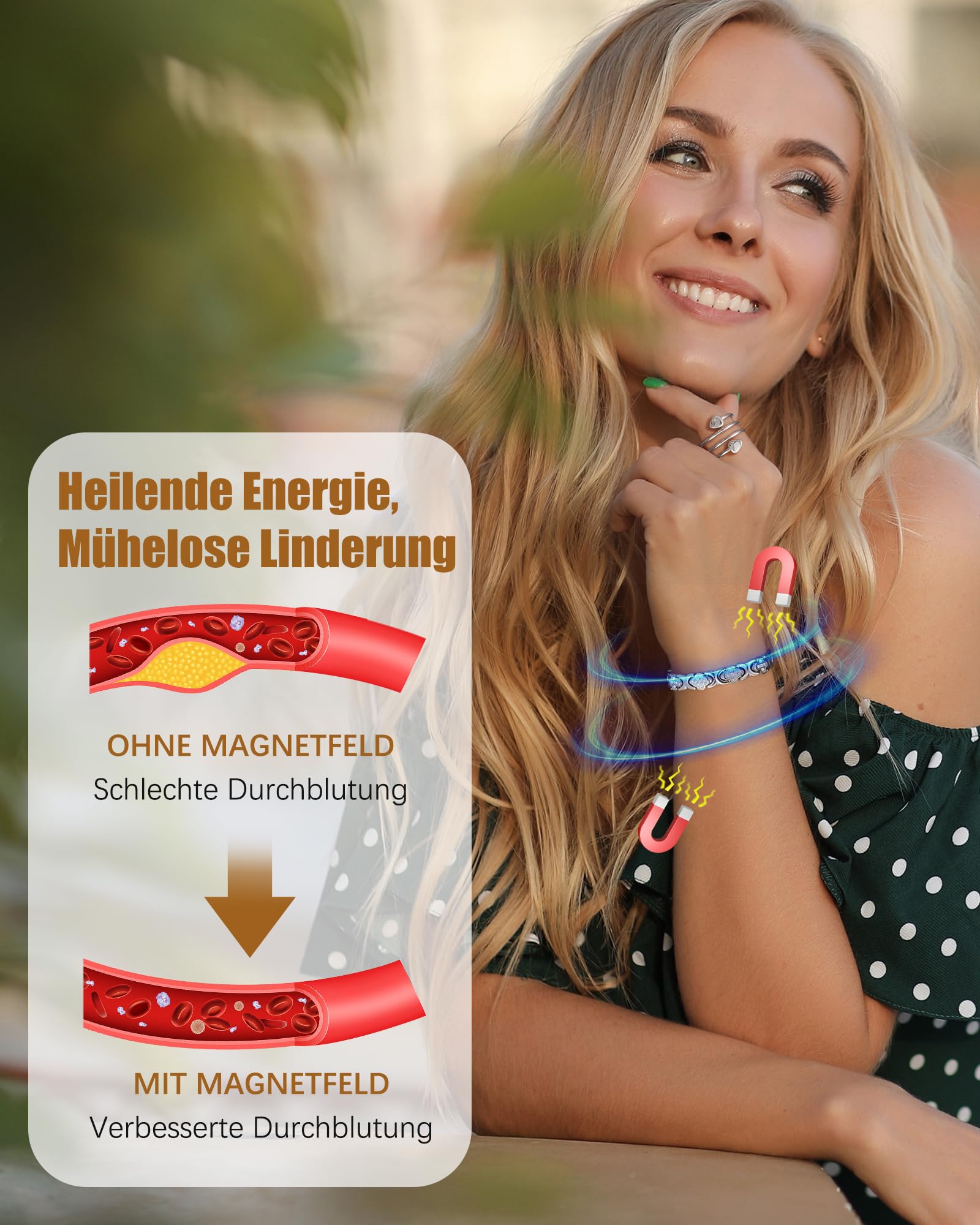 Jeracol Pulsera de cobre para mujer con imanes, pulsera magnética ajustable y anillos magnéticos 99,9% cobre puro, caja de regalo