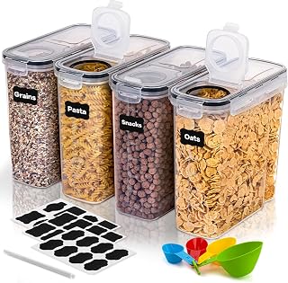 Vorratsdosen Set, BPA-frei, Müsli Schüttdose, Aufbewahrungsbox Küche, Luftdichte Küchen Vorratsbehälter, 24 Etiketten für Getreide, Mehl usw, ein Stift, Vier Messlöffel (4)