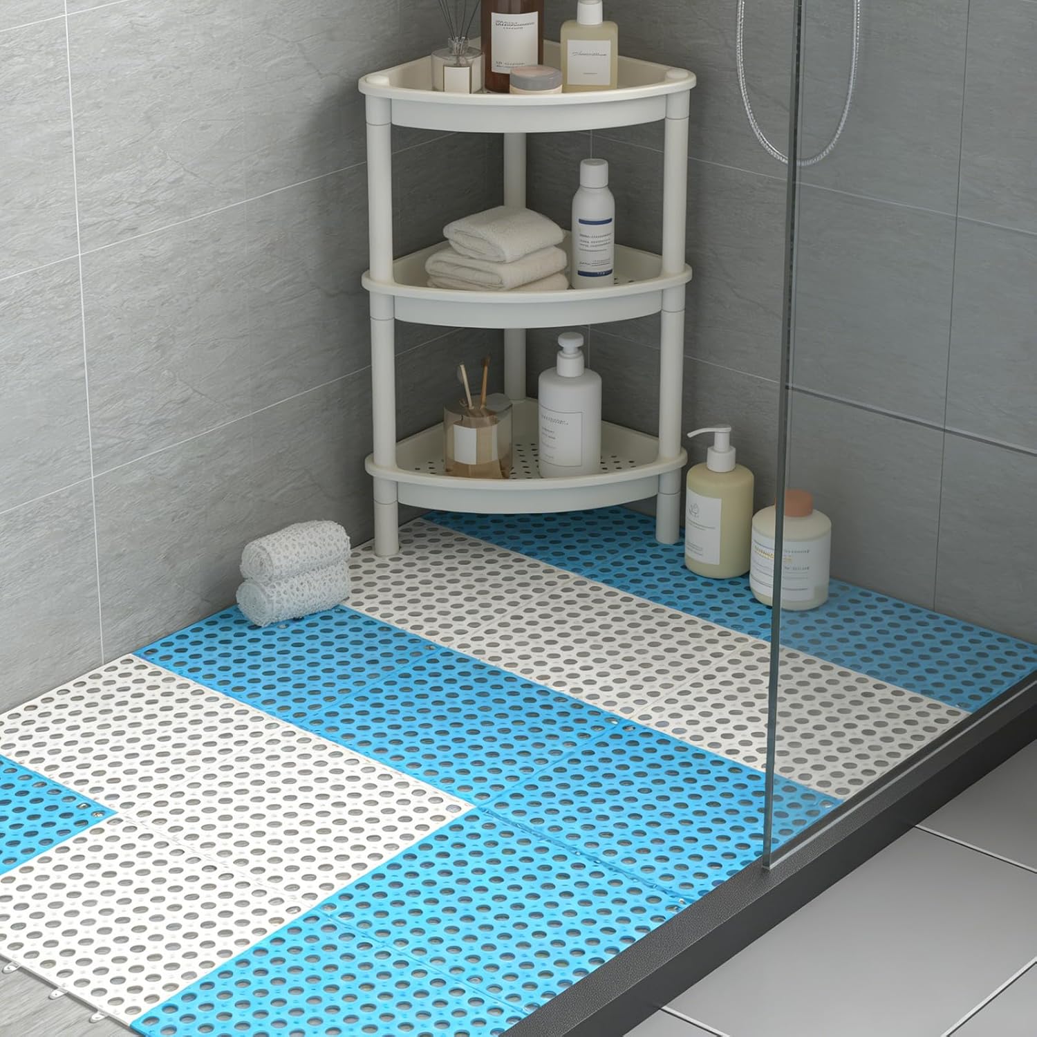 11.8'' Interlocking Floor Tiles Bulk 30 pcs, 3 x 10 ft Drainage Pool Flooring Mats Swimming Pool Non Slip Splicing Waterproof Splash Matting Mesh Doormat Roll Modular Interlocking Cushion Water Drain
