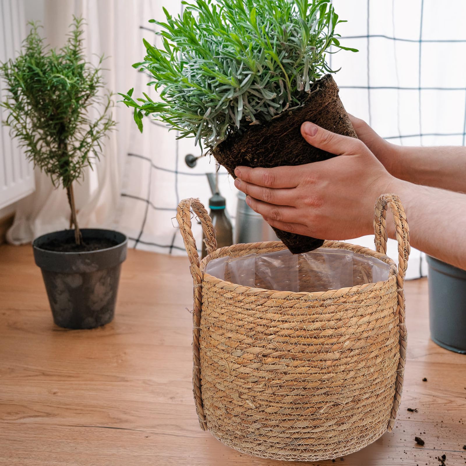 Panier à Plantes Tressé en Jonc de Mer Poignées, Utilisable comme Jardinière D’Intérieur et Panier de Rangement Petit Format