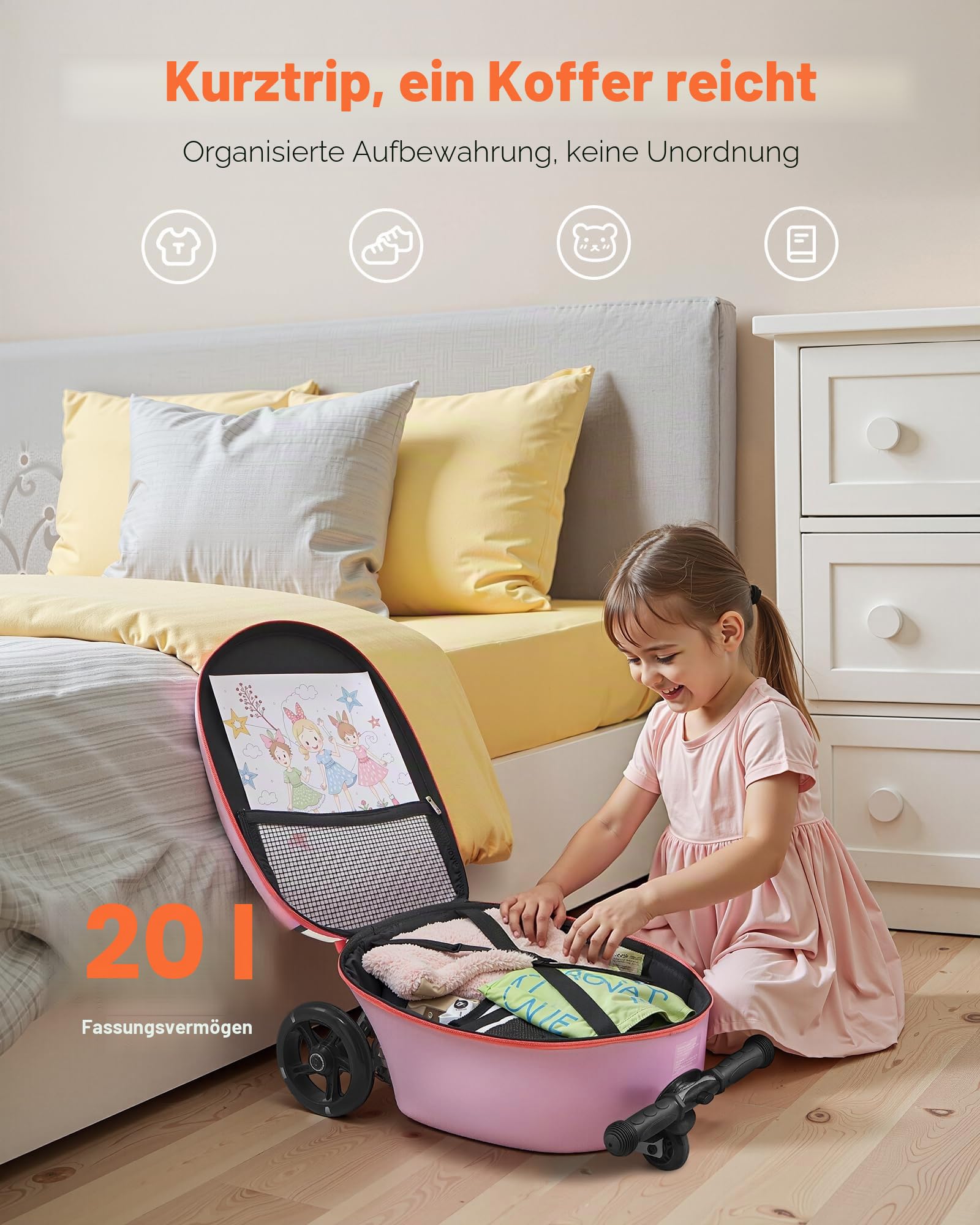 VEVOR Scooter Koffer, 20 L Fassungsvermögen, Reisekoffer mit Flash-PU-Rädern, TPR-Anti-Rutsch-Griff, max. Gewichtskapazität 50 kg, Kinderkoffer Handgepäck, für Kinder ab 5 Jahren, Lila