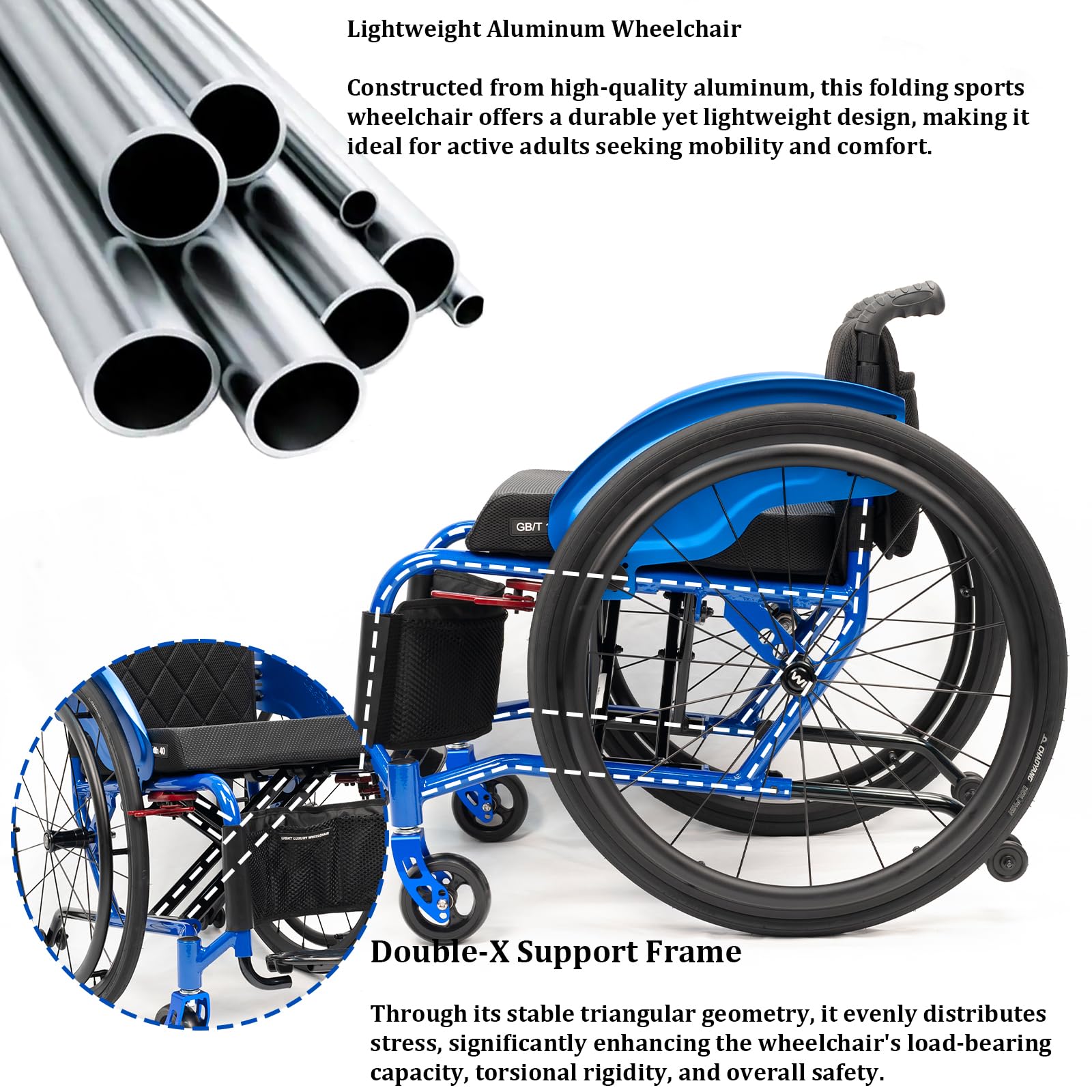 Carrozzina Pieghevole in Alluminio,Sedia a Rotelle Leggera,Manuale, Poggiapiedi Pieghevole,Cintura di Sicurezza, per disabil(38cm/14.9in Seat,Blue)