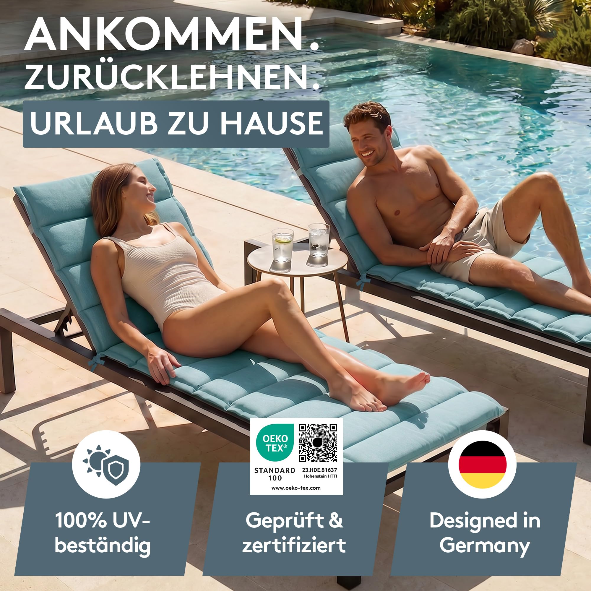 LILENO HOME Sonnenliege Auflage als [2er Set - Rollliege] in Petrol - Gartenliegen Auflage perfekt für Strandliege - Polster für Gartenliege (200x60x4,5cm)