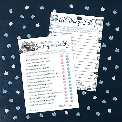 Miniatura 10 de Blue Little Pumpkin Baby Shower - Juego de adivinanzas de imágenes de embarazo de animales y emojis (paquete de 2 juegos), 20 tarjetas de doble