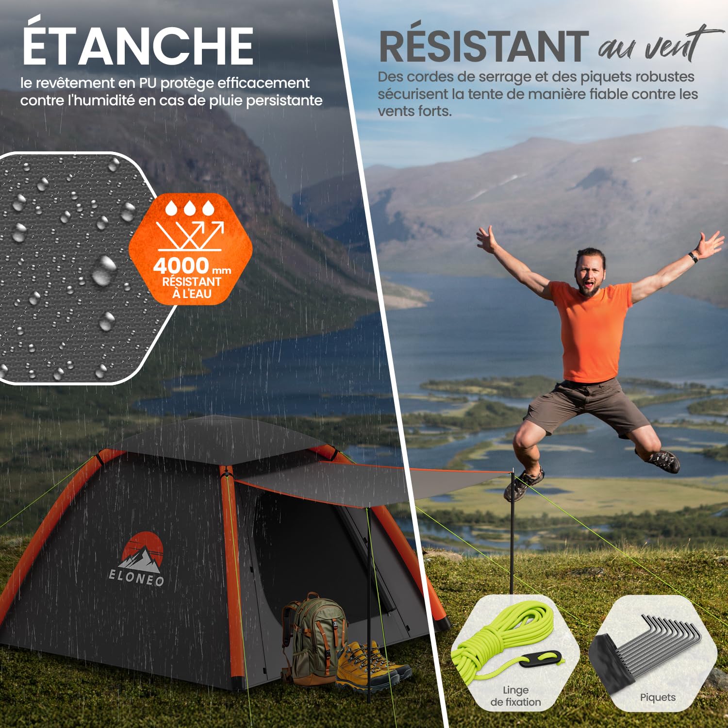 ELONEO Tente Gonflable avec auvent & Pompe à air, Tente à air Ultra-légère, Glamping avec lumière LED Offerte