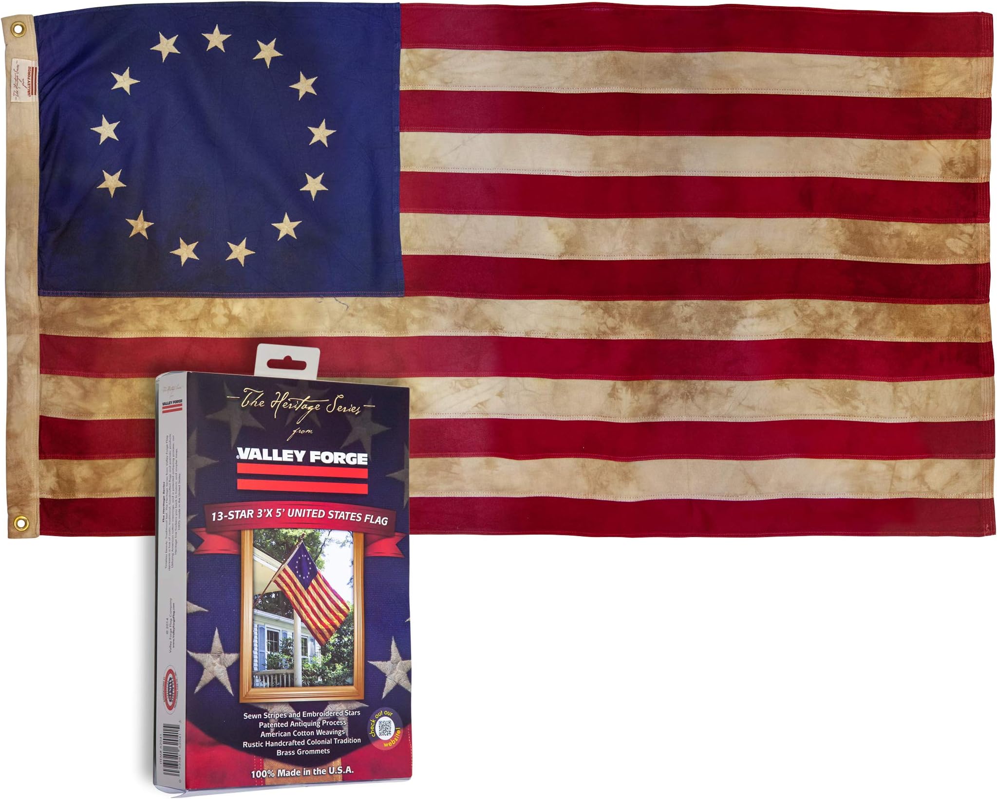 Valley Forge, American Flag, Cotton, 3' x 5', 100% Made in USA, Heritage Series, Antiqued Colonial 13-Star US American Flag