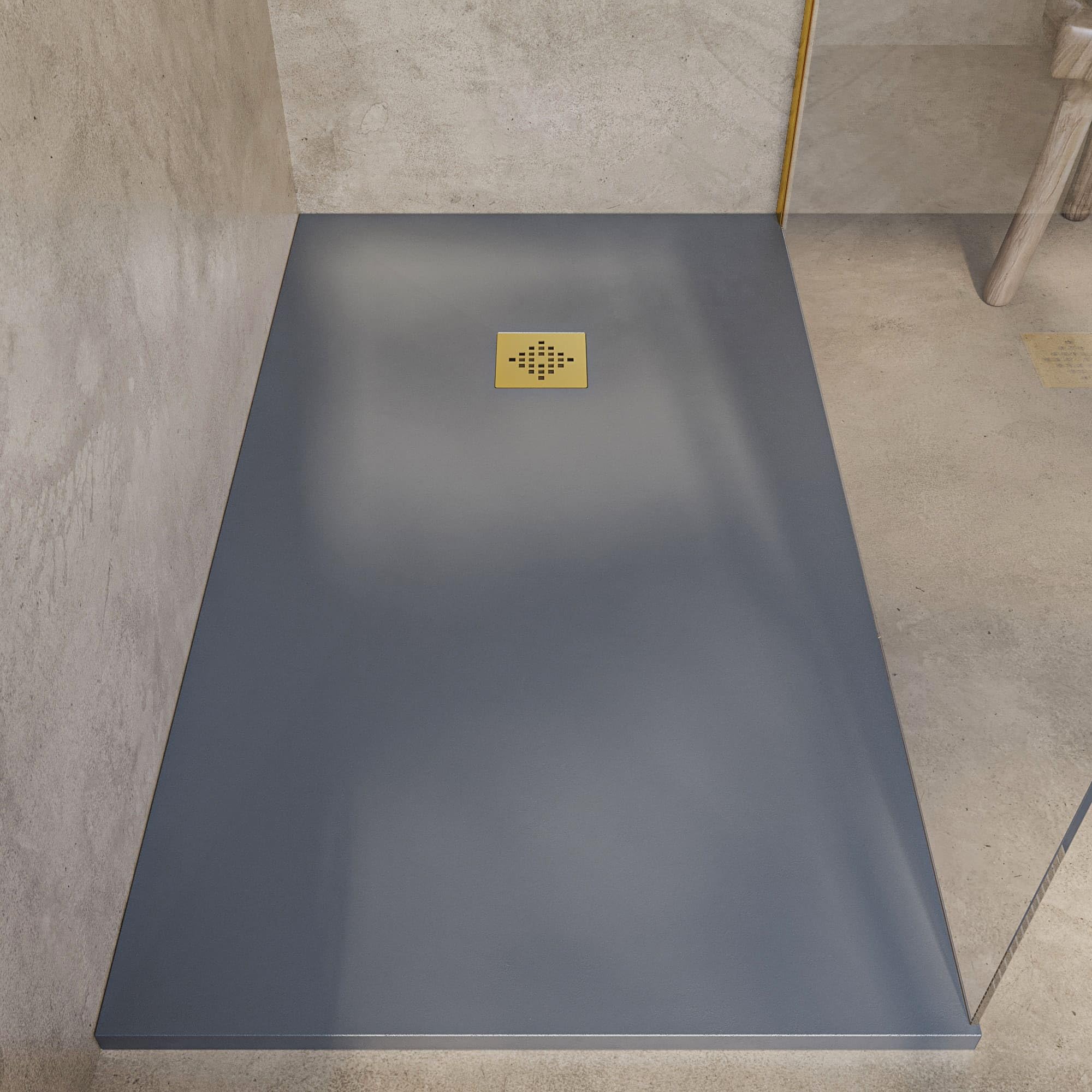 SoulHome Plato de Ducha Resina 210x90 Cemento - Rejilla Dorada | Antideslizante C3, Extraplano, Resina y carga mineral, Textura Liso Piedra, Antibacteriano, Gel-coat, Incluye válvula desagüe